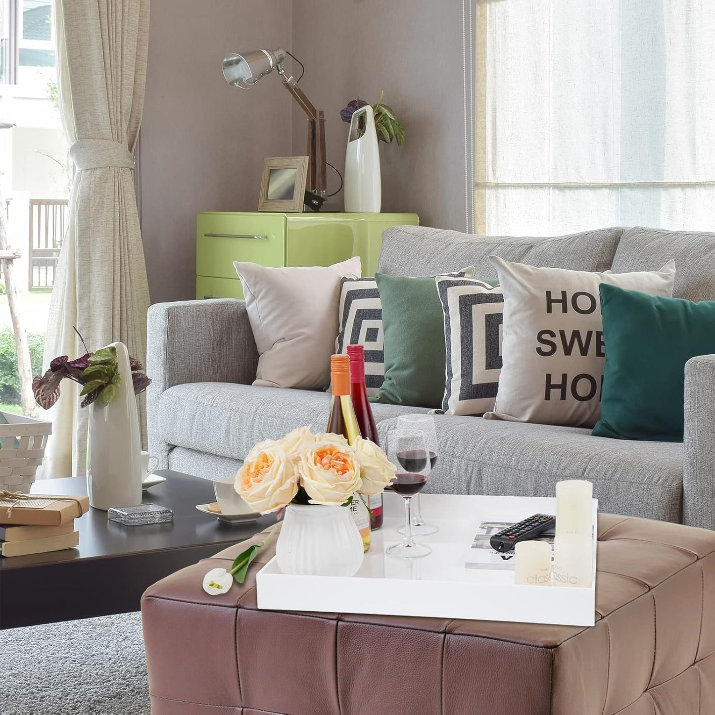 20×20 Inches Oversize Extra Large Sturdy Glossy White Acrylic Serving Tray King Size Decorative Big Ottoman Trays with Cut Out Handles Water Proof Bed Tray Coffee Counter Top Organizer