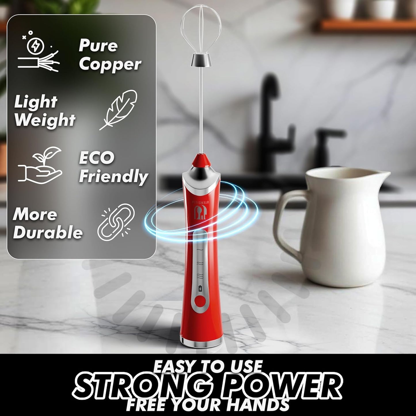Rechargeable Handheld Milk Frother - Electric Foam Maker - Portable Coffee Frother Wand with 2 Heads - Stainless Steel Electric Whisk for Coffee, Latte, Cappuccino, Macchiato, Hot Chocolate (Red)