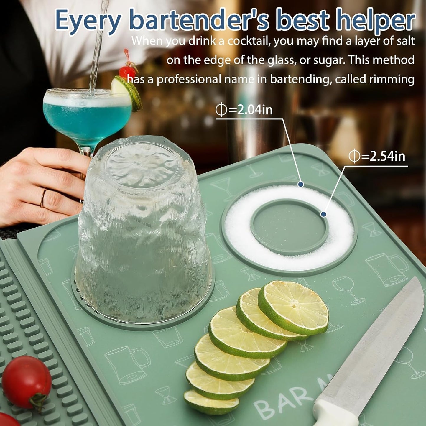 Foldable Bar Mat 18x12 inch - 3-in-1 Silicone Drying Mat with Removable Cutting Board & Rim Tray | Countertop Protector for Home, Outdoor, Travel | Professional Cocktail Accessories (green)