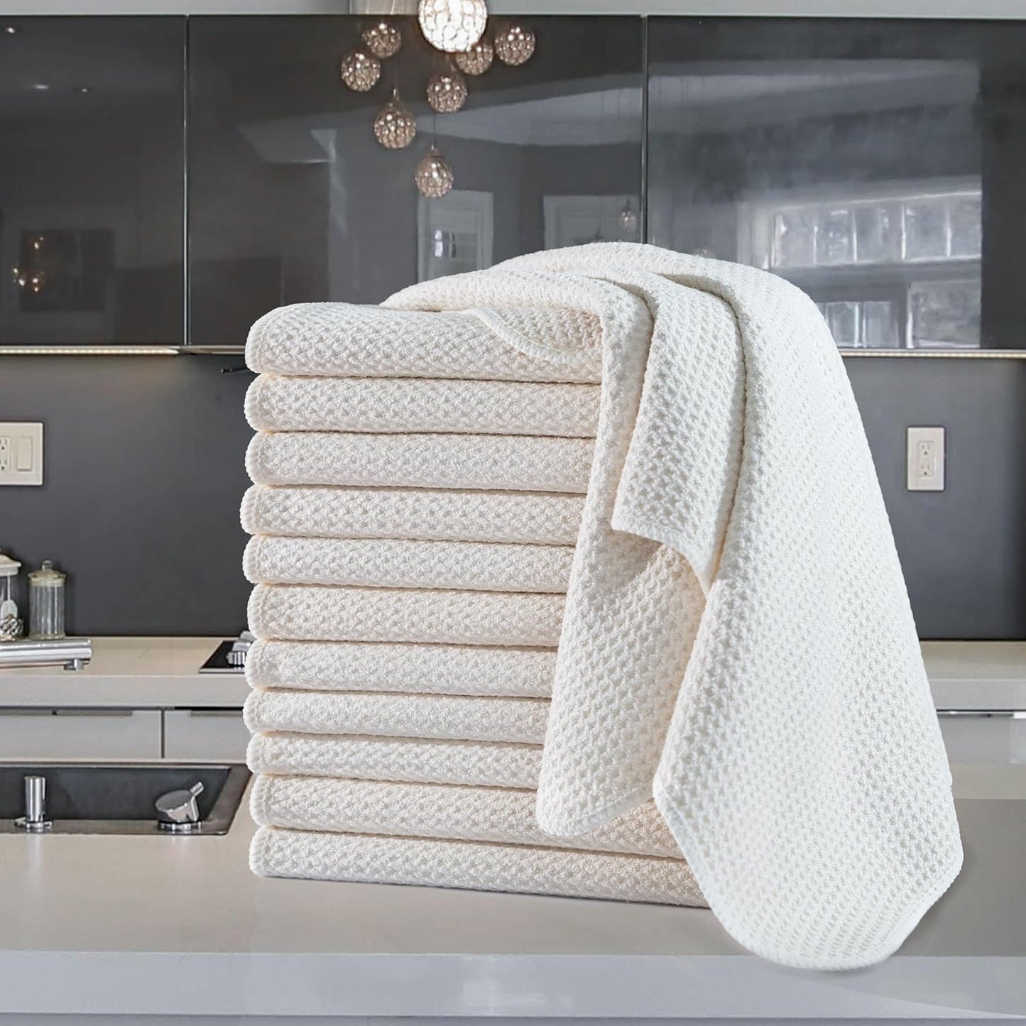 POLYTE Premium Microfiber Kitchen Dish Hand Towel Waffle Weave 12 Pack (16x28 in, Off White)