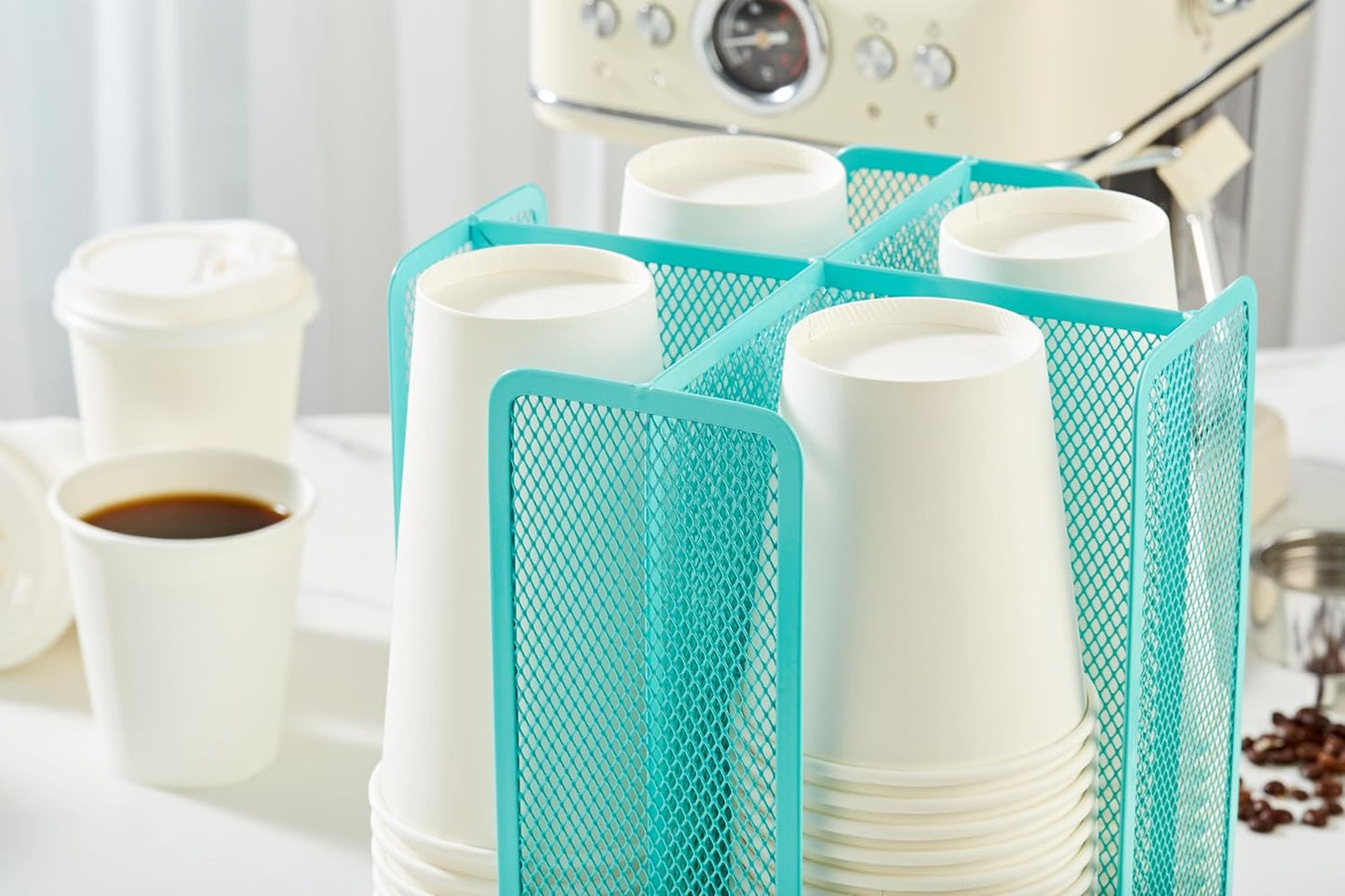 Annova Paper/Plastic Cup and Lid Holder Plastic Storage Organizer, 360°Rotating Coffee Mup Dispenser with 4 Compartments, Multifunctional Storage Rack for Home, Office, Bar, Coffee Shop (Turquoise)