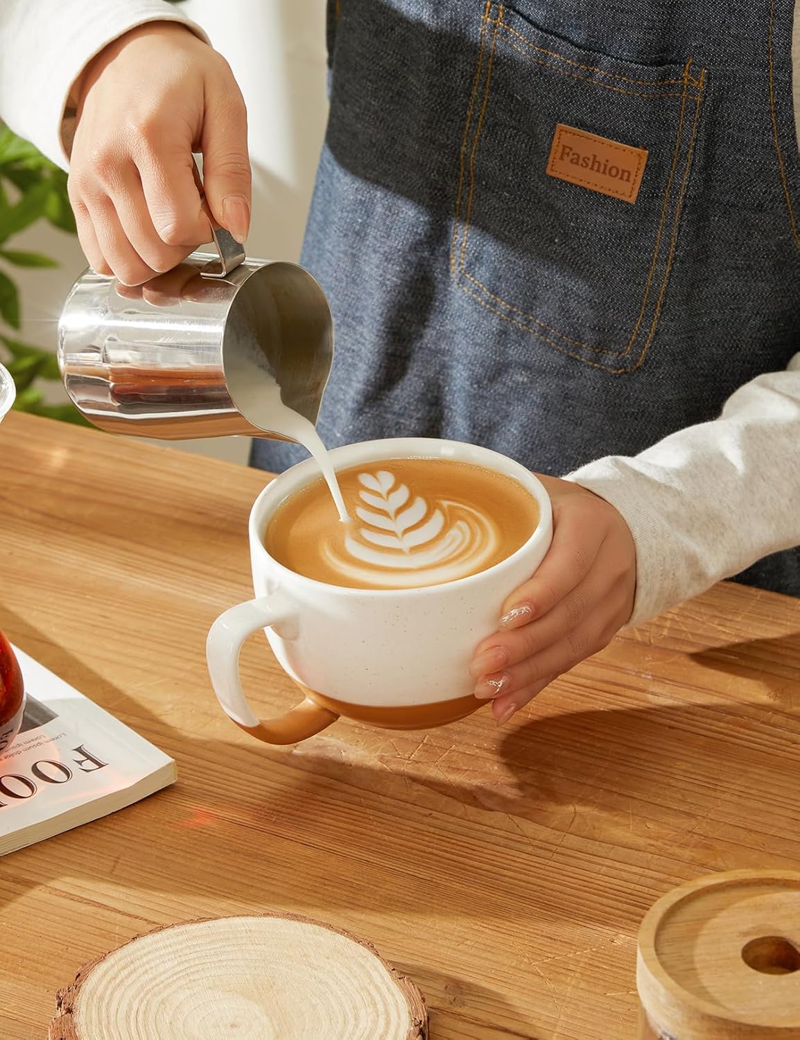 Teocera Beige Coffee Mugs Set of 4, 16 oz Ceramic Coffee Mug, Large Mug Set with Handle for Cold or Hot Drinks like Cocoa, Latte, Milk, Cereal, Durable Porcelain with Nordic Style