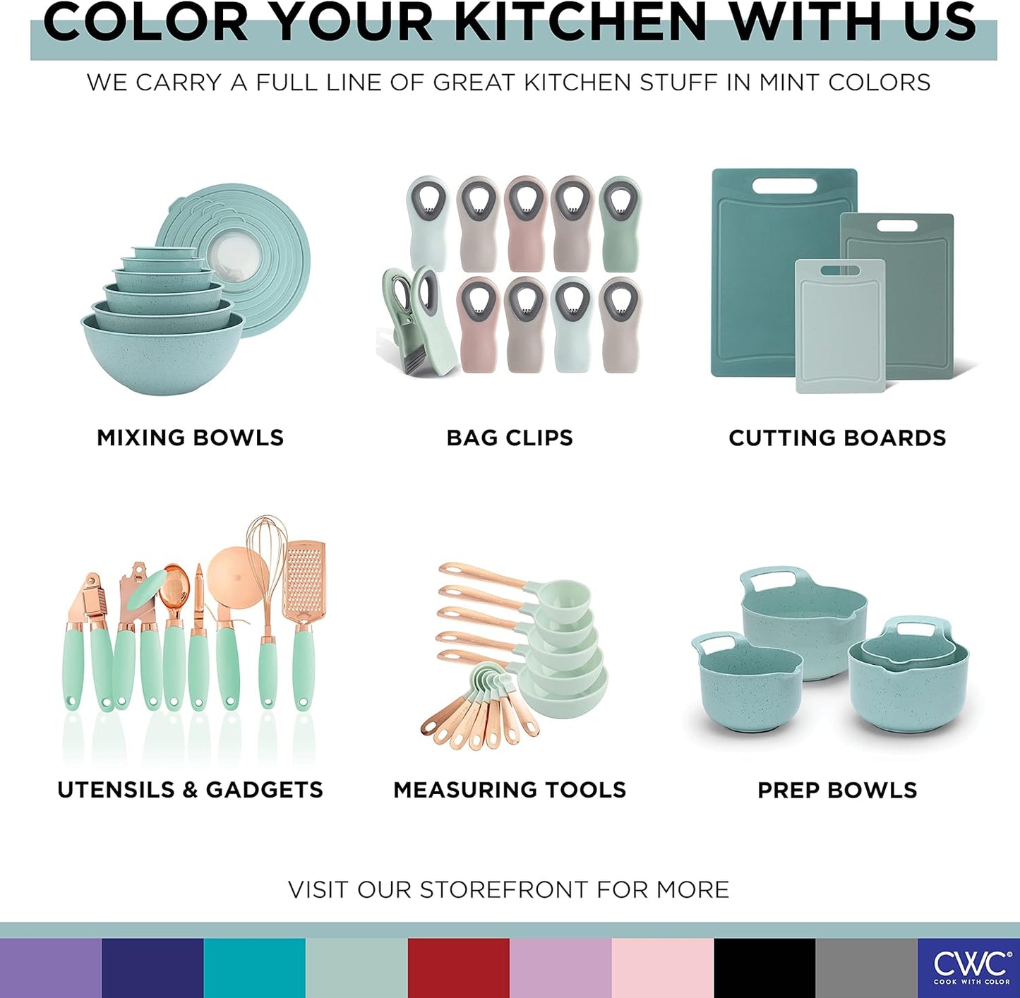 COOK WITH COLOR Prep Bowls with Lids- Wide and Deep Nesting Plastic Small Mixing Bowl Set with Lids, 8 Piece Set - Wide Bowls, Speckled Mint