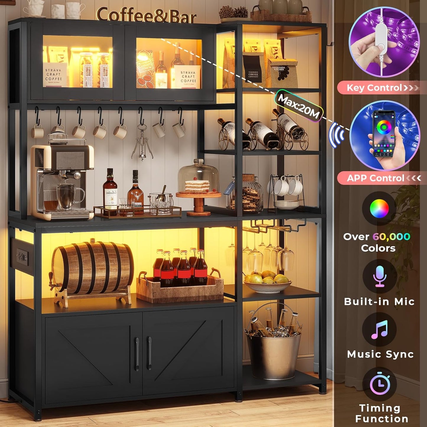 Itaar Bakers Rack with Power Outlet and LED Light, 45.3 Inch Farmhouse Coffee Bar Cabinet, Kitchen Microwave Stand with Storage, Glass Cabinet, Goblet Holder and 8 Hooks, Black