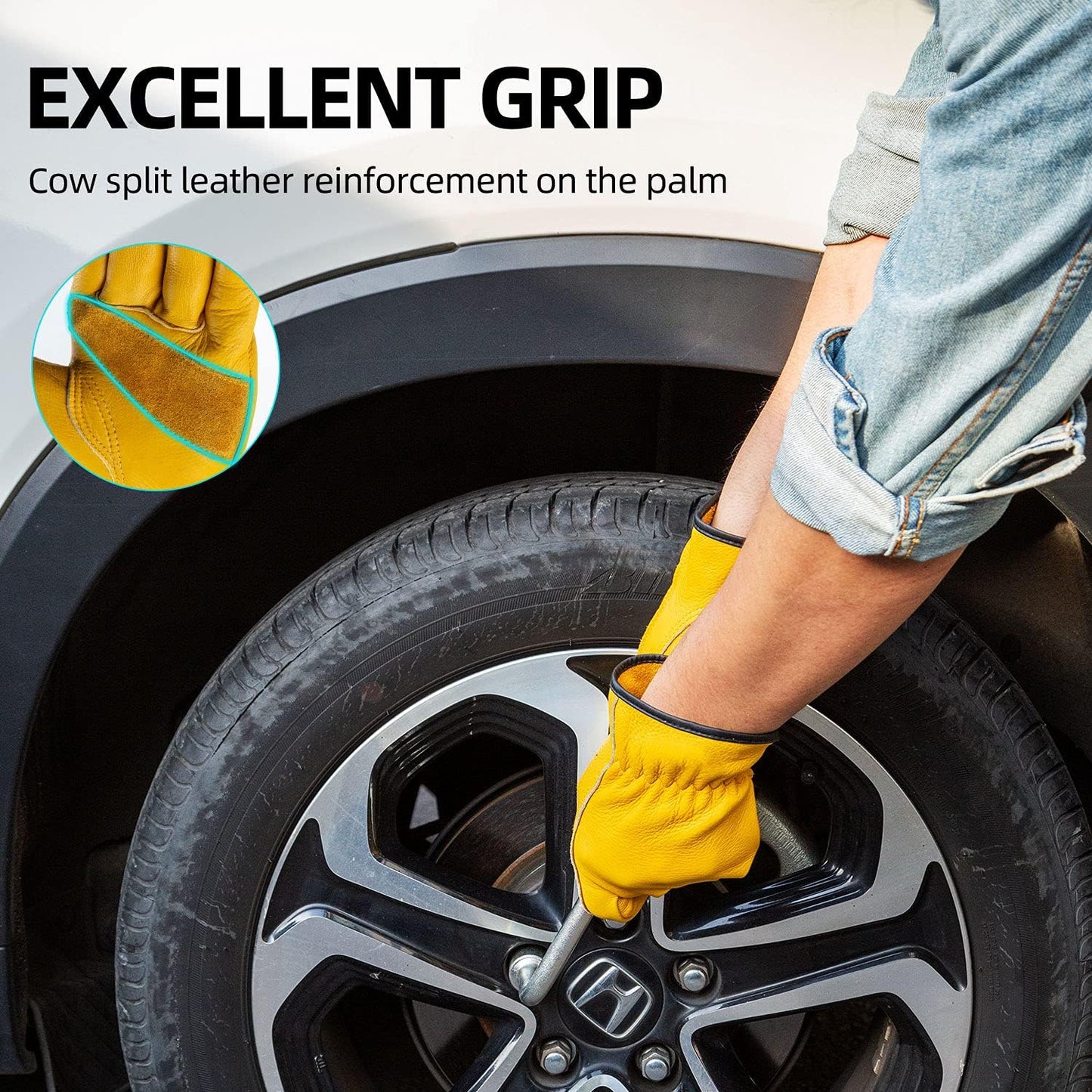 Vgo... 1-Pair Unlined Cow Grain Leather Work and Driver Gloves with Cow Split Leather Palm Patch (Size S, Gold,CA9590)