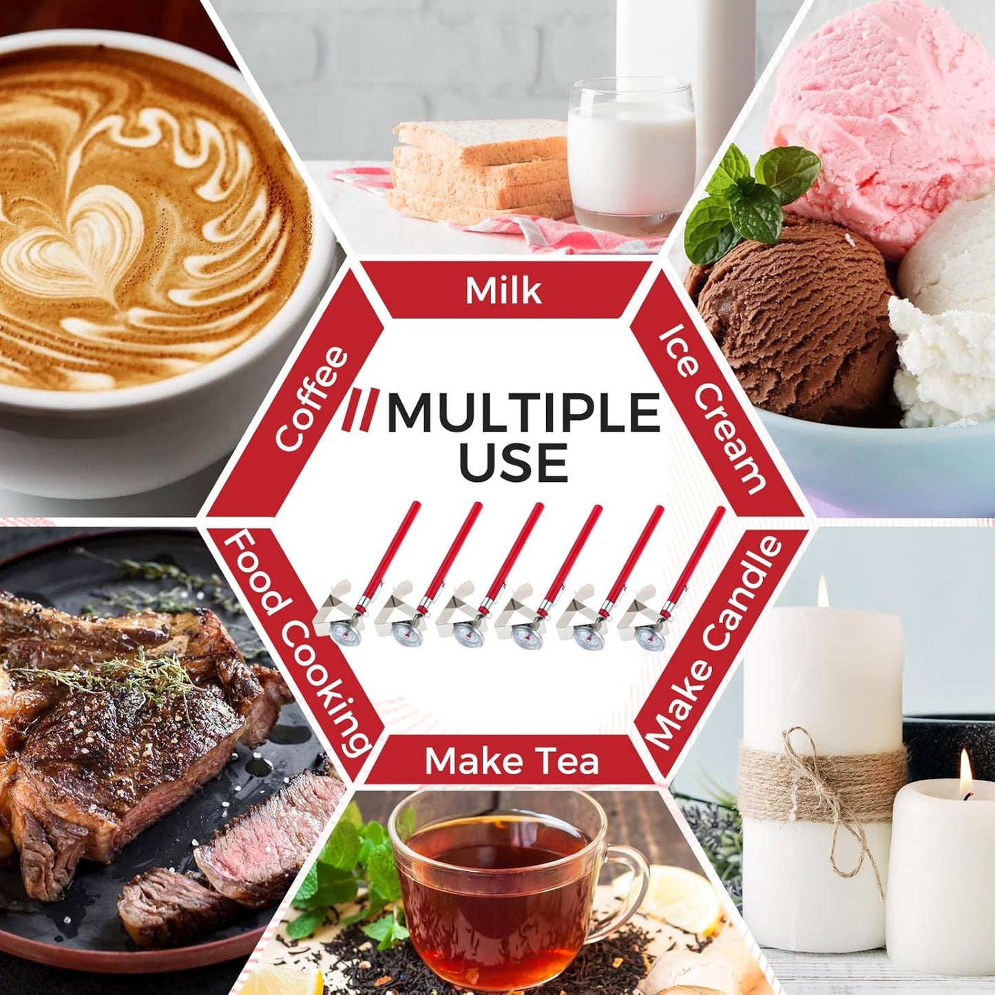6 Pack Immediate Read Pocket Thermometer, 1 Inch Stainless Steel Dial Food Thermometer with 6 PCS Red Plastic Sleeves of Thermometers and 6 PCS Clips for Coffee Drinks Chocolate Milk Foam