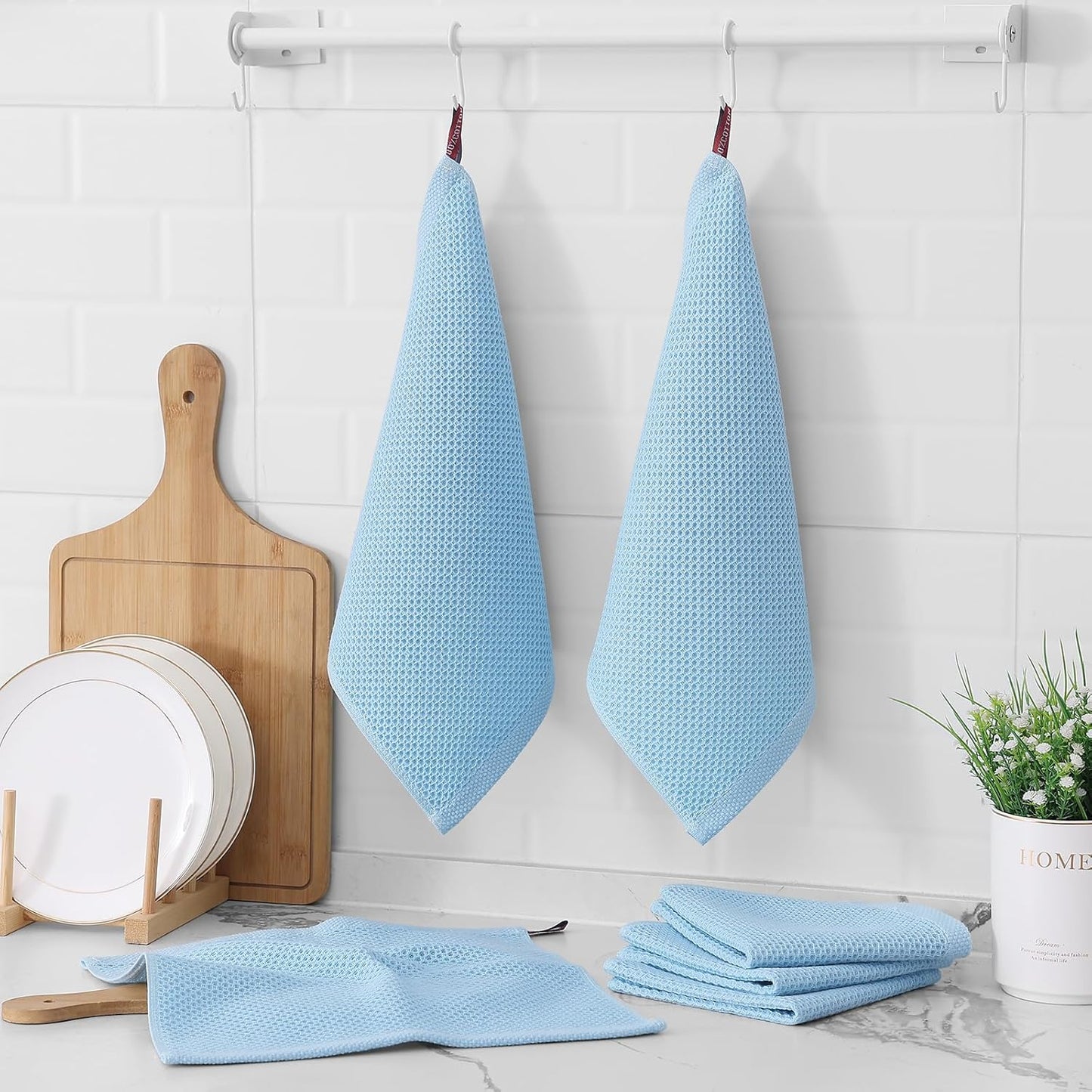 Kitinjoy 100% Cotton Kitchen Dish Cloths (12 X 12 Inches, Sky Blue),6 Pack Waffle Weave Ultra Soft Absorbent Dish Towels for Drying Dishes Quick Drying Kitchen Towels Dish Rags