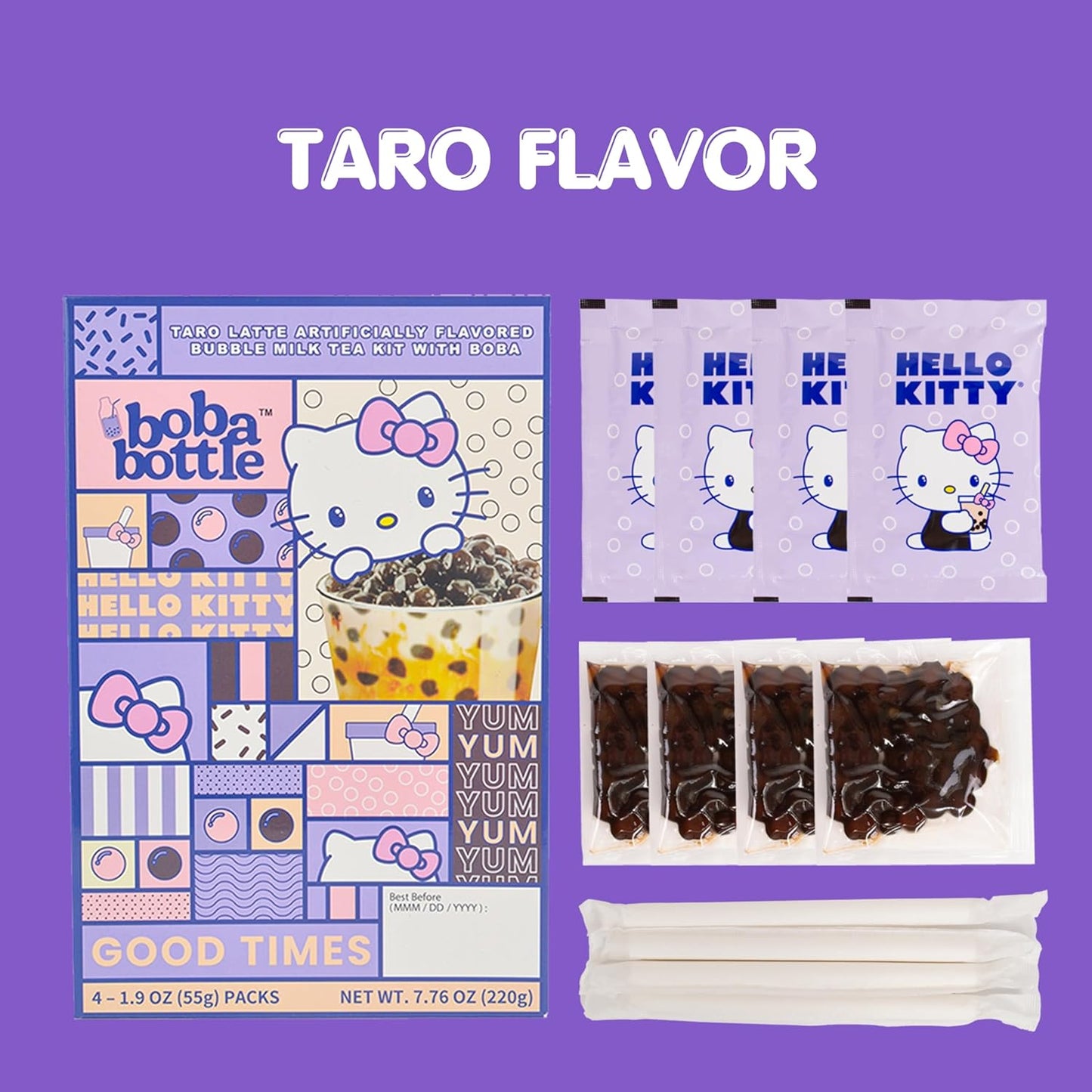 Hello Kitty Instant Boba Milk Tea Variety Kit, Brown Sugar, Taro, Match Flavor, with Taiwan Tapioca Pearls, Paper Straws Included (12 Servings)