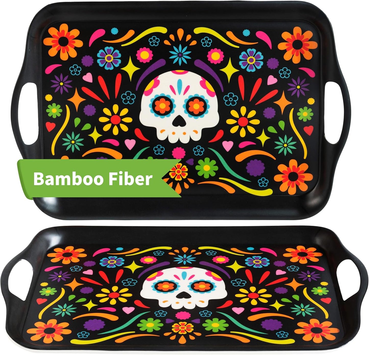 Oasis Choice 2-Pack Day of the Dead Bamboo Fiber Serving Trays - 18x13 Inch Extra Large w/Handles for BBQ, Picnic, Party - Durable Lightweight Serving Platters - Sugar Skull and Marigold Decor (Black)