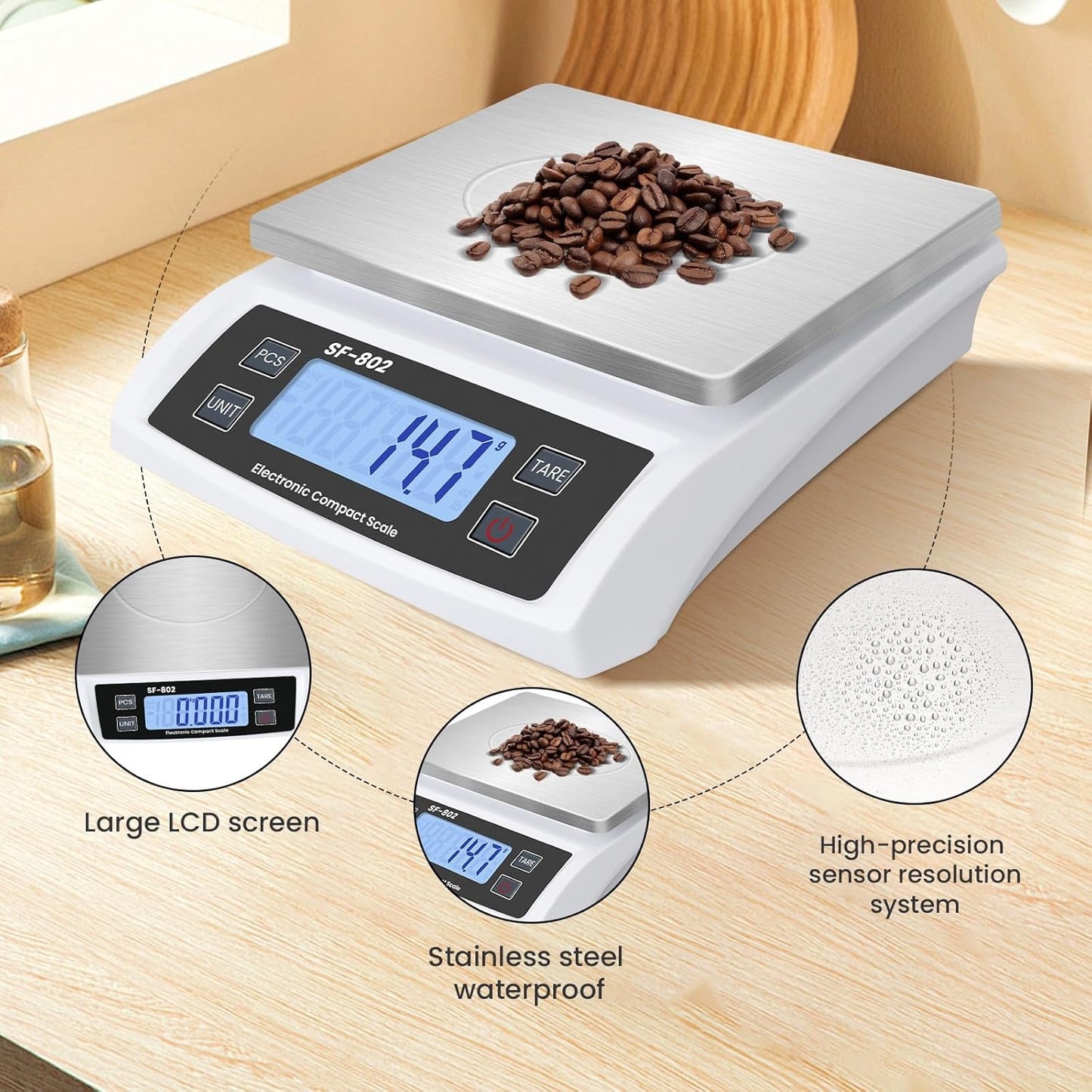 Digital Kitchen Scale 30kg/66lb Large Food Scale for Baking Cooking Stainless Bread Scale with LCD Display Counting Scales for Commercial(Color : Stainless White)