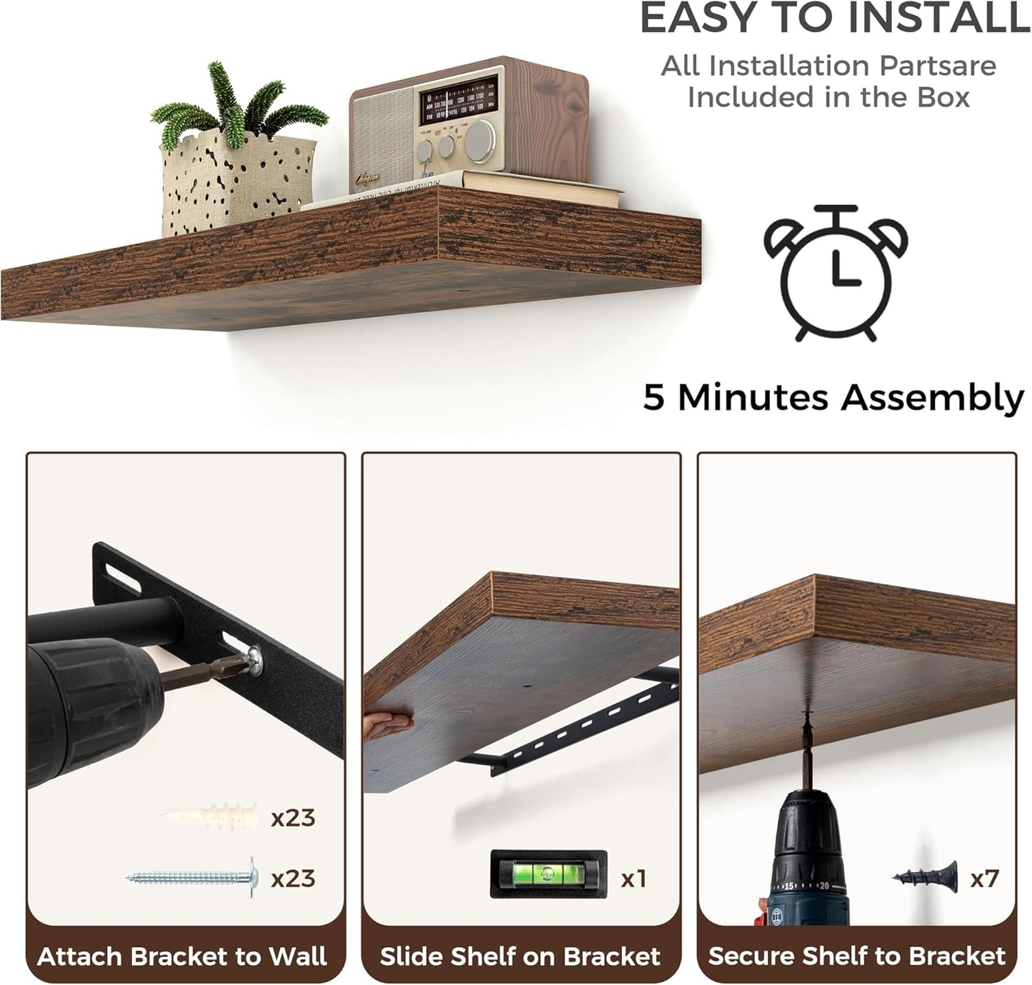 Floating Shelves - 2 Large Wall Mounted Shelves with Invisible Brackets, Long Wood Floating Wall Shelf for Living Room, Bedroom, Kitchen (Brown, 48" W x 9" D x 1.5" H)