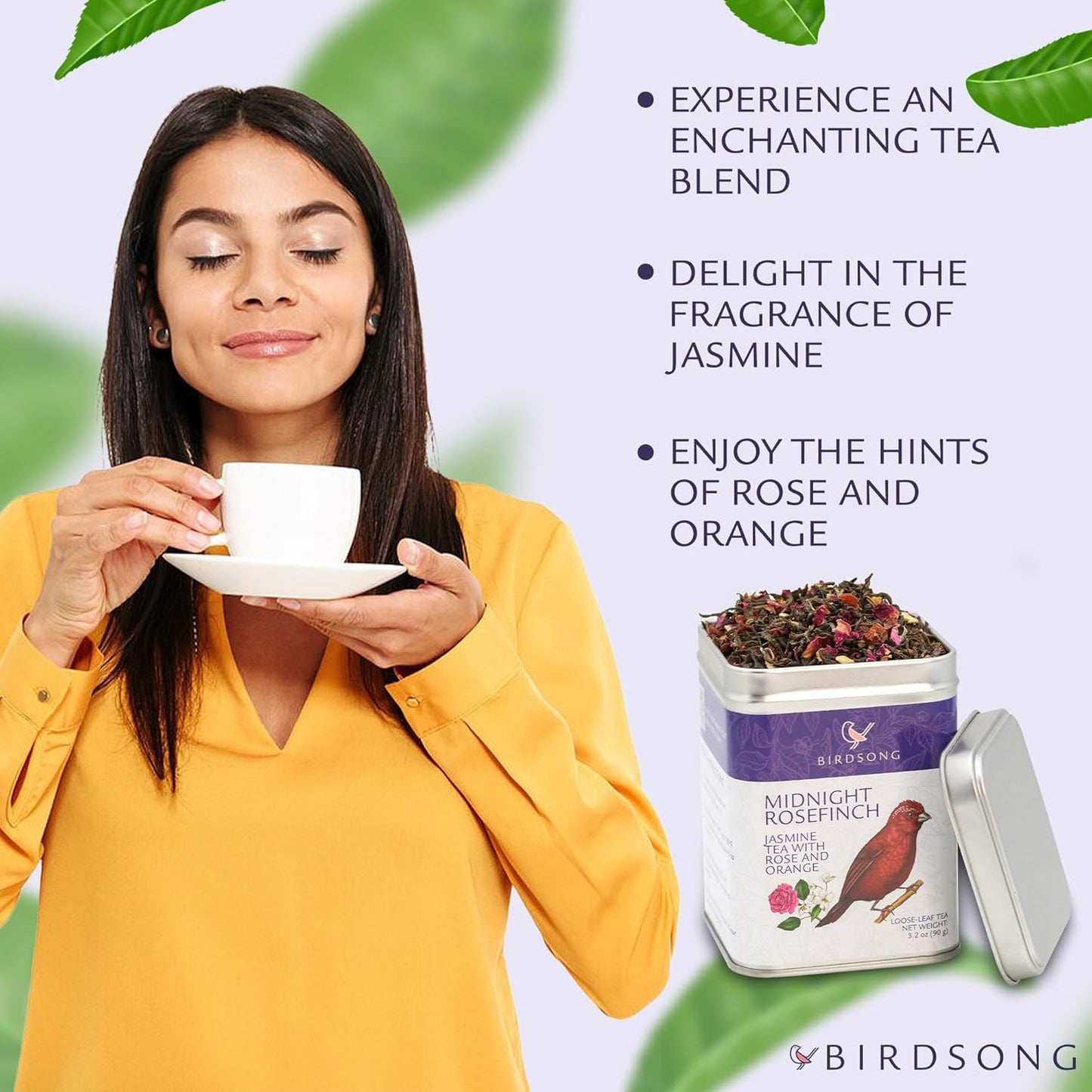 Birdsong Midnight Rosefinch: Organic Jasmine Green Tea with Rose and Orange, Light, Refreshing, Soothin Natural Tea with Citrus and Honey Notes, Medium Caffeine, 15 Pyramid Tea Sachets