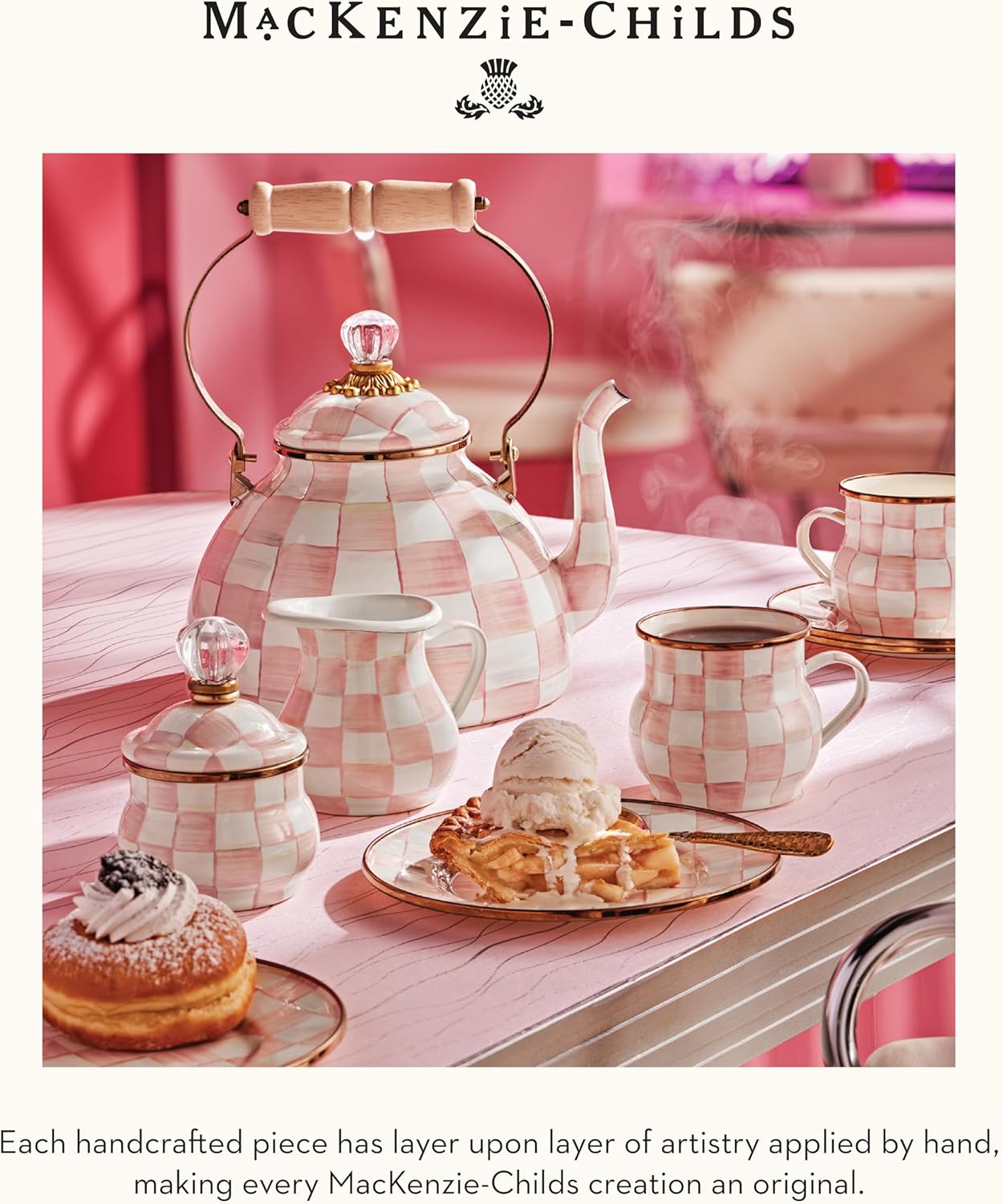 MACKENZIE-CHILDS Enamel Tea Kettle, Stylish Tea Kettle for Stovetop, Pink-and-White Rosy Check, 3 Quarts
