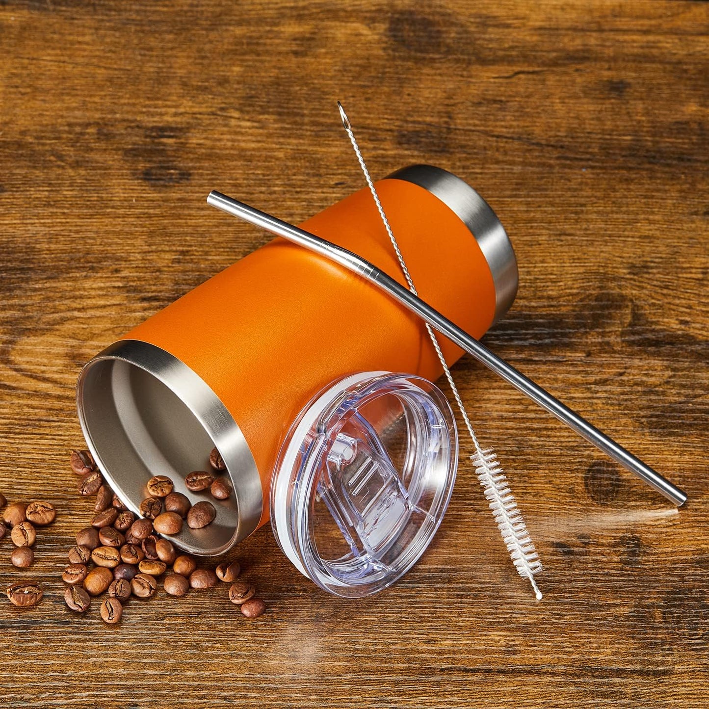 COMOOO 20oz 8 Pack Tumbler Double Wall Vacuum Insulated Coffee Travel Mug Stainless Steel Tumbler Bulk with Lid and Straw Insulated Coffee Cup for Cold & Hot Drinks (Orange, 8 Pack)
