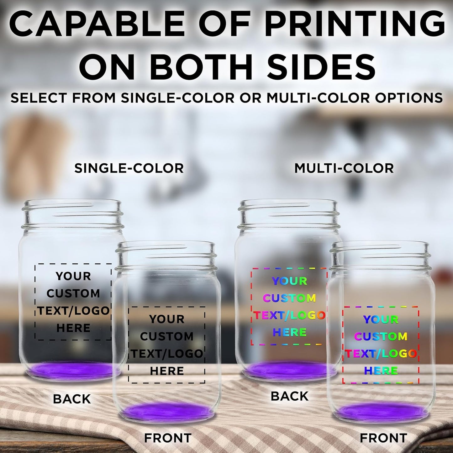 DISCOUNT PROMOS Custom Decorating Mason Jars 12 oz. Set of 50, Personalized Bulk Pack - Glass Jars for Overnight Oats, Candies, Fruits, Pickles, Spices, Beverages - Purple