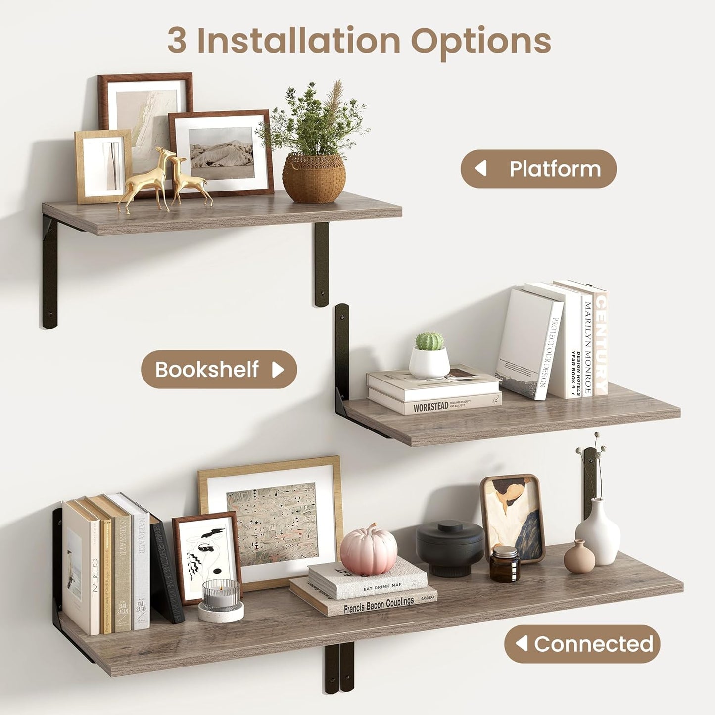 Fun Memories Floating Shelves for Wall, 12 Inch Deep Floating Shelves Set of 2, Wall Mounted Shelf with Metal Brackets, Rustic Wood Wide Shelf for Bathroom, Kitchen and Living Room, Grey, 24W x 12D