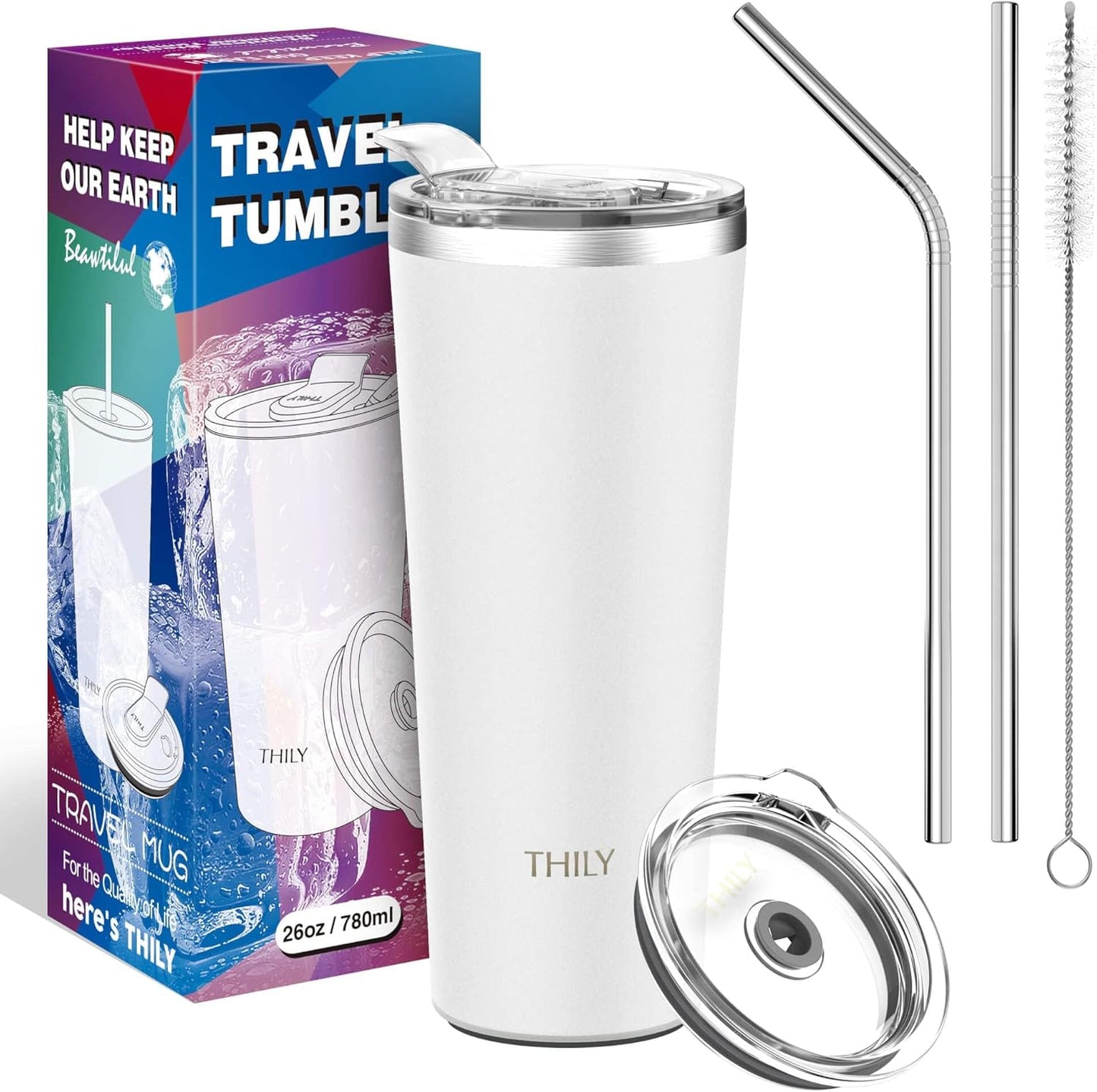 THILY Vacuum Insulated Tumbler Stainless Steel 26 oz Coffee Cup with 2 Lids and Straws, Powder Coated Travel Mug, Keeps Ice Drinks Cold, White
