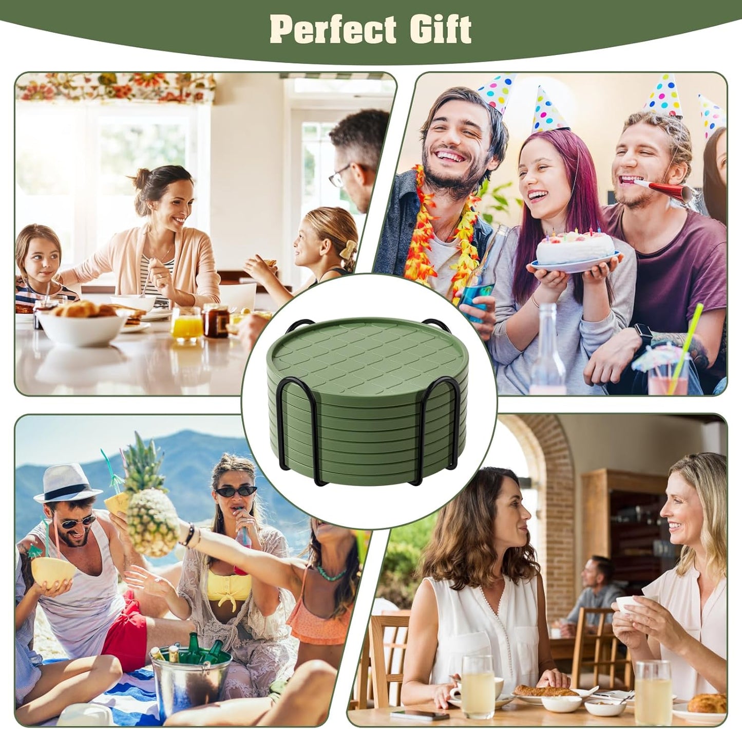 Coasters Set of 6,Hot or Cold Drink Coasters with Holder,Modern Style Coffee Table Coaster,Suitable for Kinds Cups Beer,Drink,Anti-Overflow Tabletop Protection(Green, 6pcs)