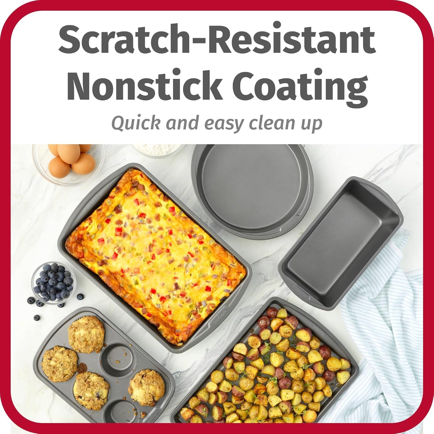 GoodCook Everyday Nonstick Steel 5-Piece Bakeware Set, Gray, Includes Cookie Sheet, Cake Pan, Loaf Pan, Muffin Pan, and Roast Pan, Durable and Scratch-Resistant Baking Set