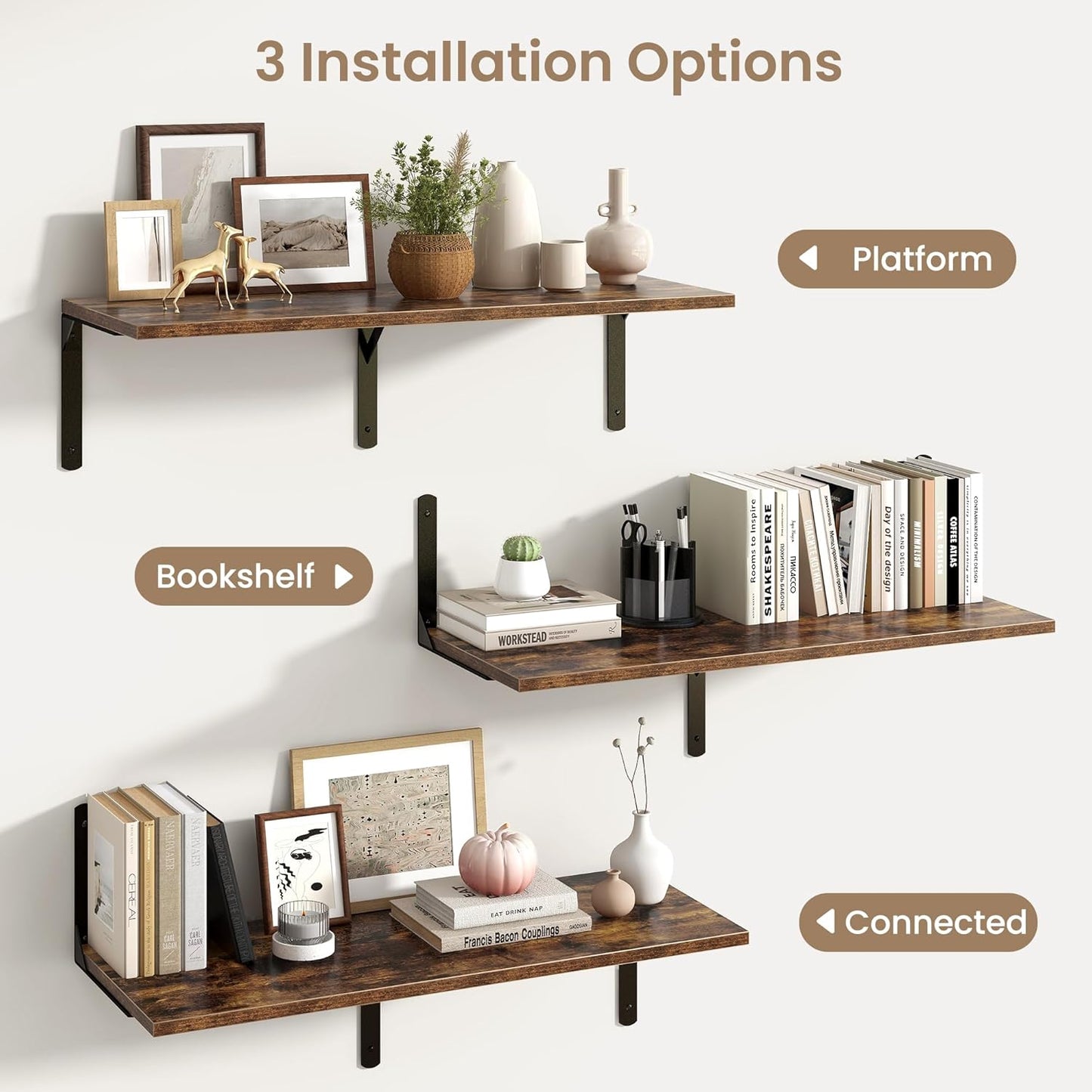 Fun Memories Rustic Brown 12 Inch Deep Floating Shelves Set of 2, Wall Mounted Shelf with Metal Brackets, Rustic Wood Wall Shelf for Bathroom, Kitchen and Living Room