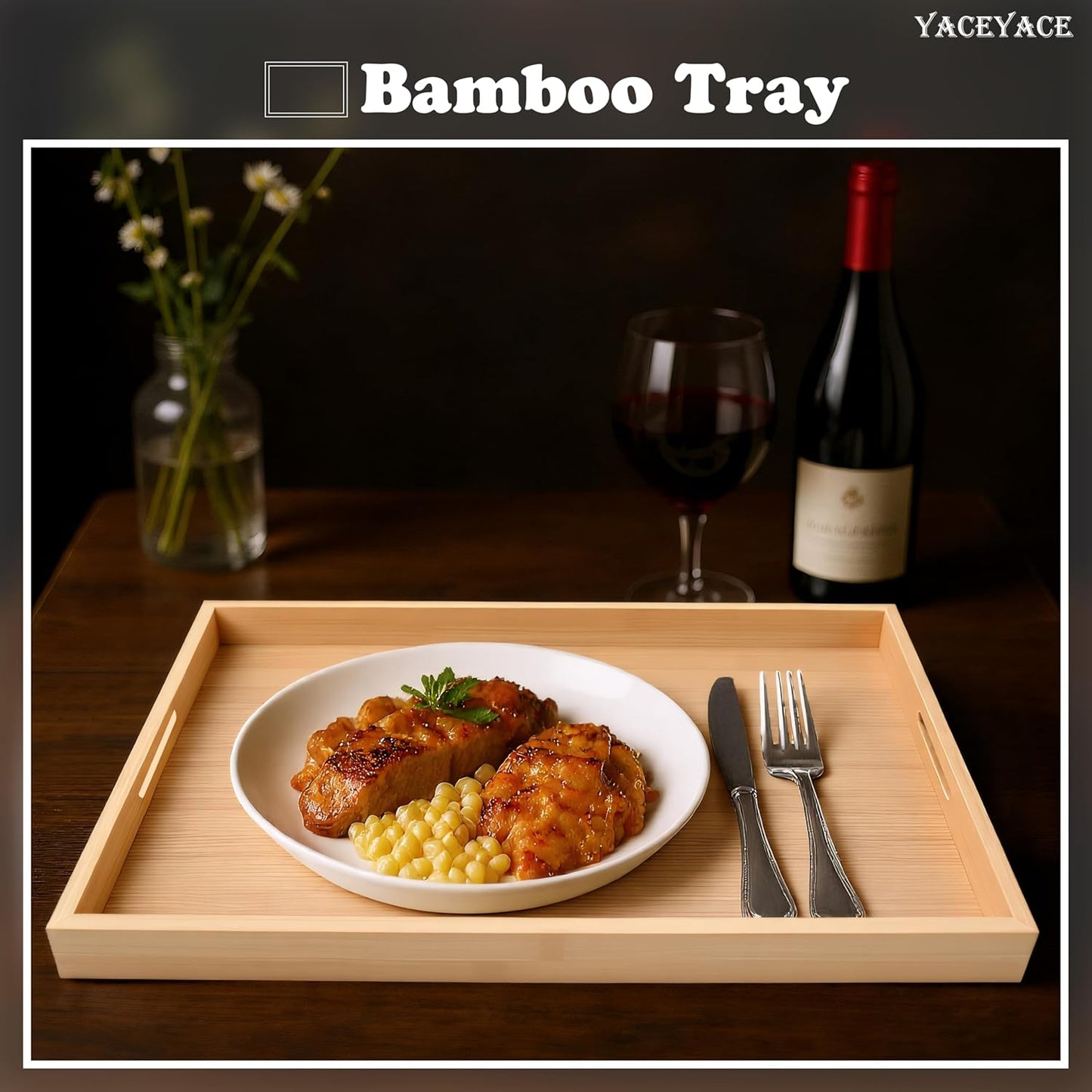 Serving Tray with Handles, 17"x12.5"x1.5" Large Bamboo Serving Tray for Ottoman, Decor Tray for Breakfast, Living Room, Drink, Coffe Table