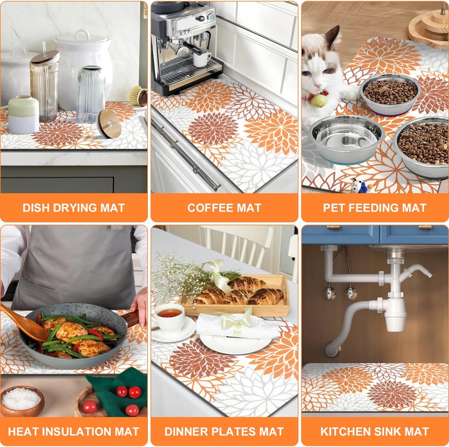 Findosom 2PCS 16" x 24" Fall Dish Drying Mat & 24" x 5.5" Sink Splash Guard, Super Absorbent & Cuttable Dish Mat Drying Kitchen Mat with Orange Floral, Hide Stain Drying Mat for Kitchen Counter