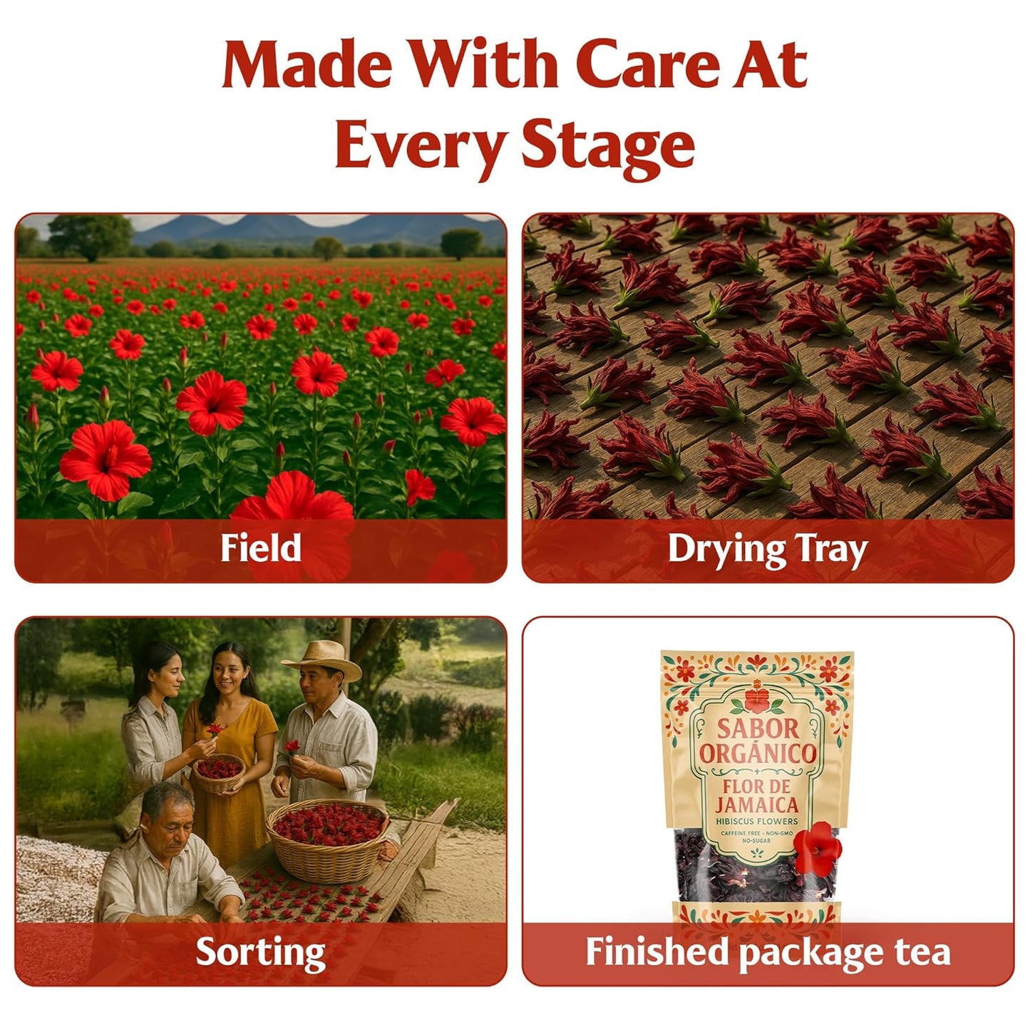 4oz Dried Hibiscus Flowers perfect for Tea and Mexican Agua de Jamaica | Flor de Jamaica Organica Natural | Flor de Jamaica Non-GMO, No Preservatives Resealable Stand-up pouches | by Sabor Orgánico