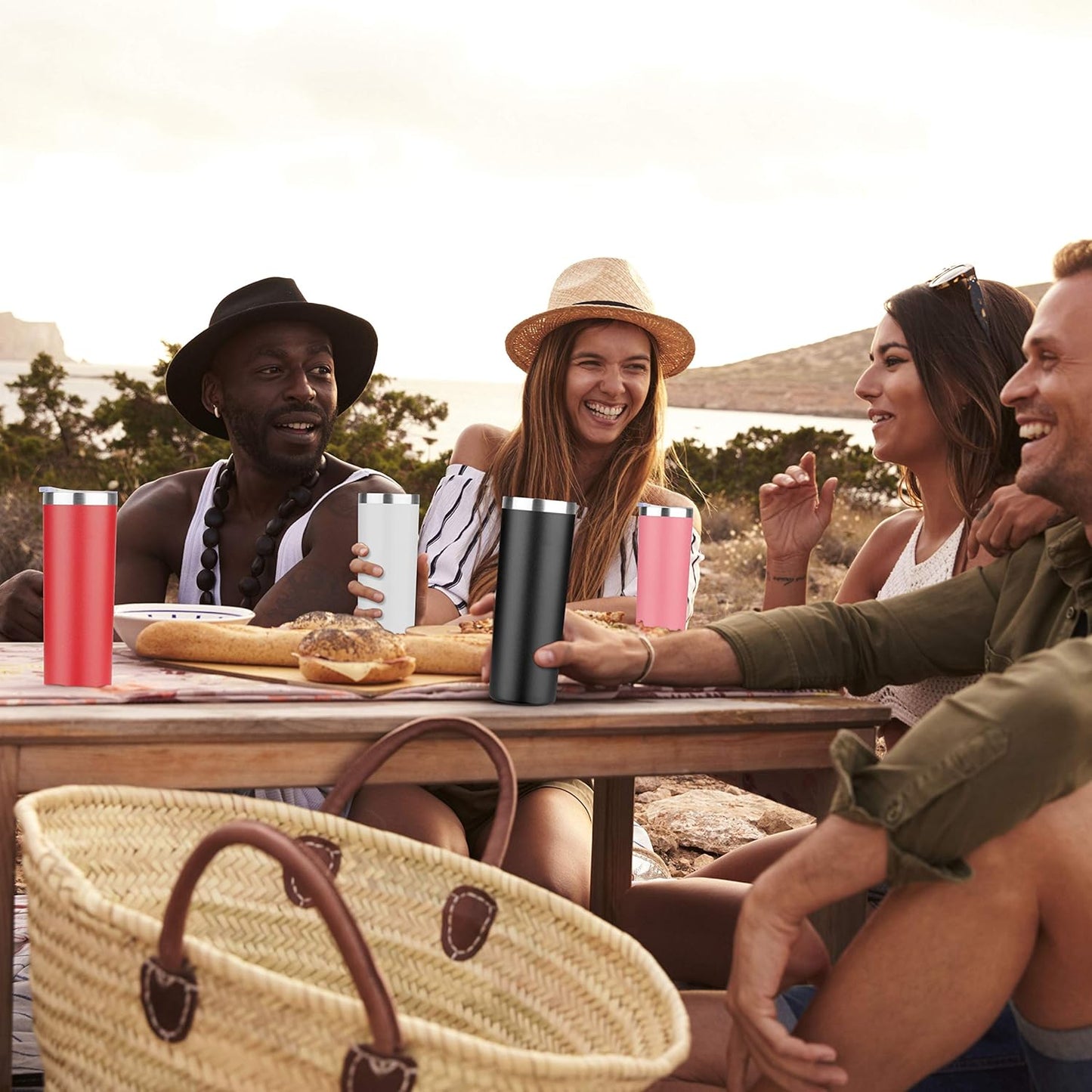 HASLE OUTFITTERS 20 oz Skinny Tumblers Bulk Set, Stainless Steel Insulated Slim Tumblers with Lids, Reusable Double Wall Travel Coffee Mugs, Durable Powder Coated Travel Water Cups(Red, 4)