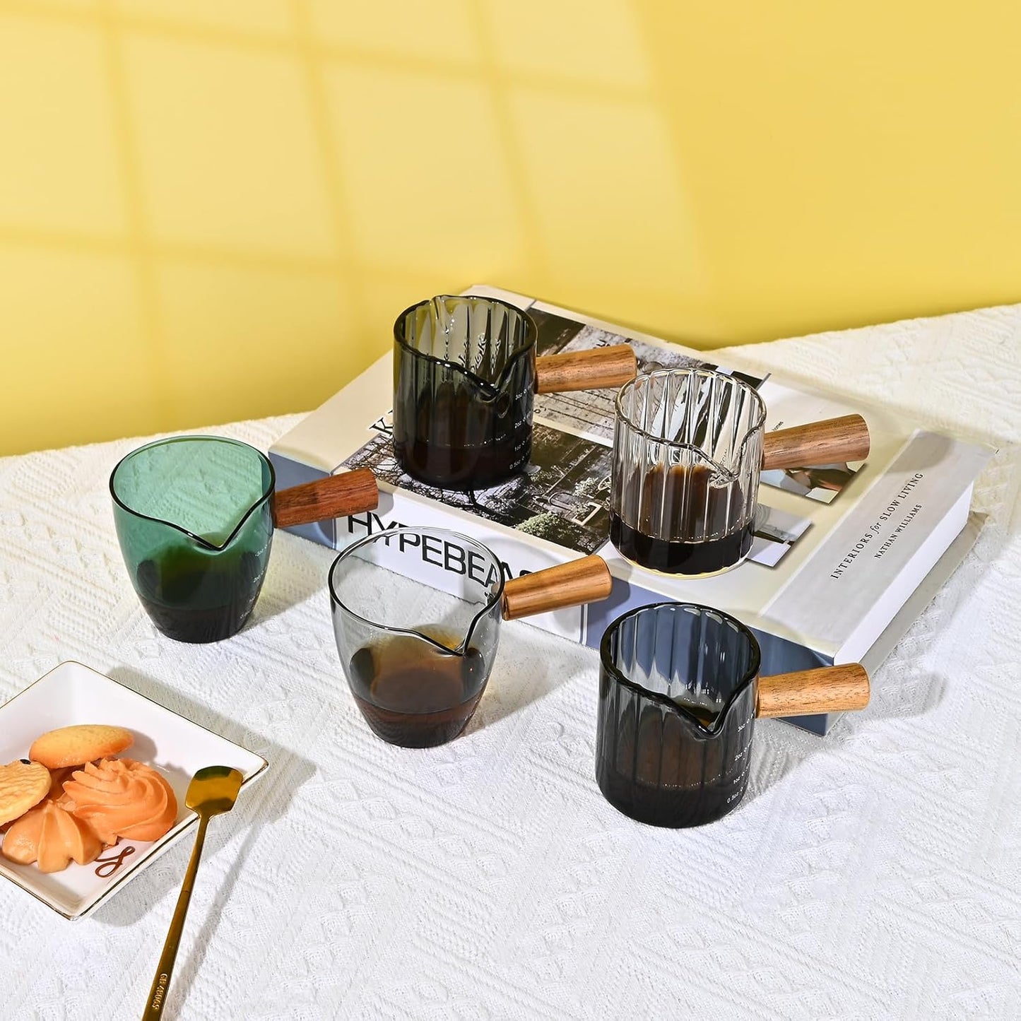 Glass Measuring Cup, 3oz Espresso Shot Glass with Wood Handle, Double Spouts Measuring Cups Pitcher Milk Cup Coffee Shot Glasses (Gray Ribbed)