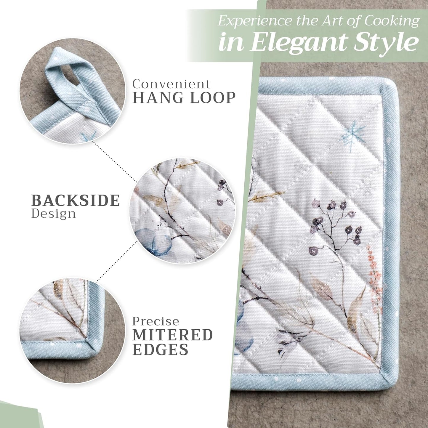 Maison d' Hermine 100% Cotton Oven Mitt & Pot Holder Set (7.5"x13" & 8"x8") Heat Resistant BBQ Cooking Gloves with Loop, Baking, Grilling, Kitchen, Handling Hot Pans (Ice Florals)