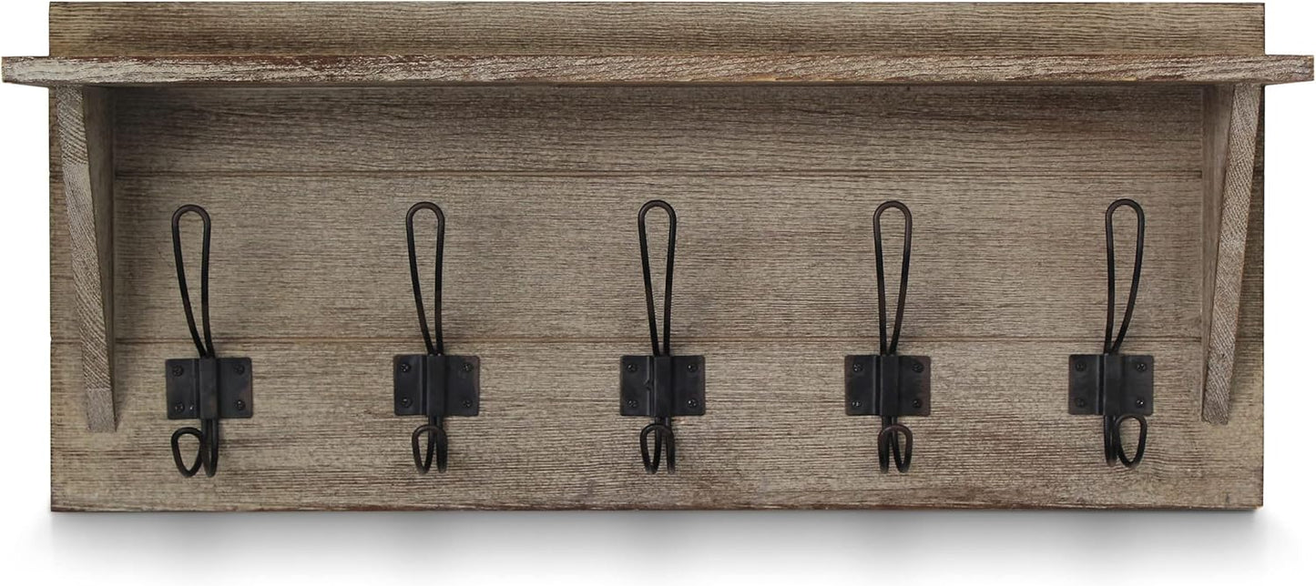 HBCY Creations Rustic Wall Mounted Coat Rack with Shelf - Solid Wood 24" Entryway Shelf with 5 Coat Hangers. Perfect Touch for Your Entryway, Mudroom, Kitchen, Bathroom and More, Weathered Brown