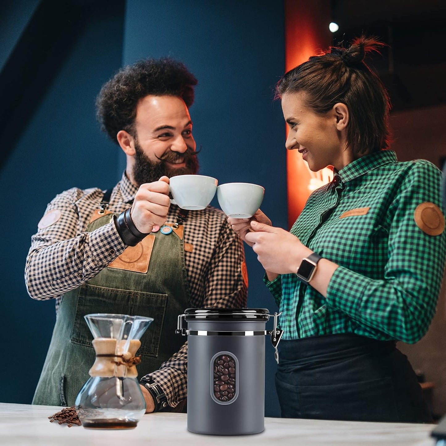 1800ML Airtight Coffee Canister with Date Tracker&Transparent Window, 22.8OZ Coffee Container with 30ML Measure Spoon&4 co2 Valve, Coffee Bean Storage Container for Grounds Coffee, Beans, Tea(Gray)