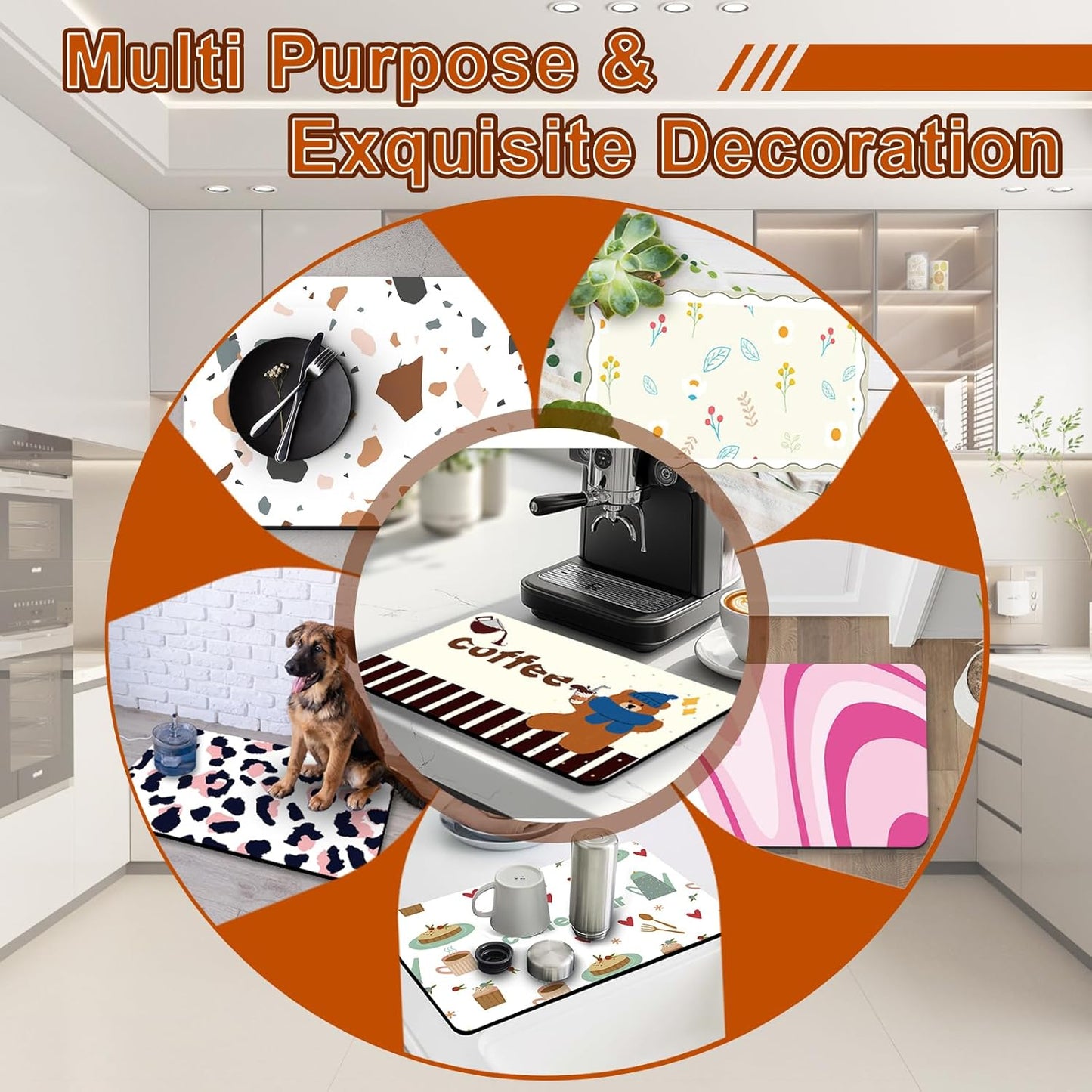 Dish Drying Mat for Kitchen Counter, 12" X 20" Absorbent Coffee Maker Mat for Countertops, Easy to Clean Kitchen Drying Matt Rubber Backing for Coffee Espresso Machine Dish Rack Pad, Cute Flower