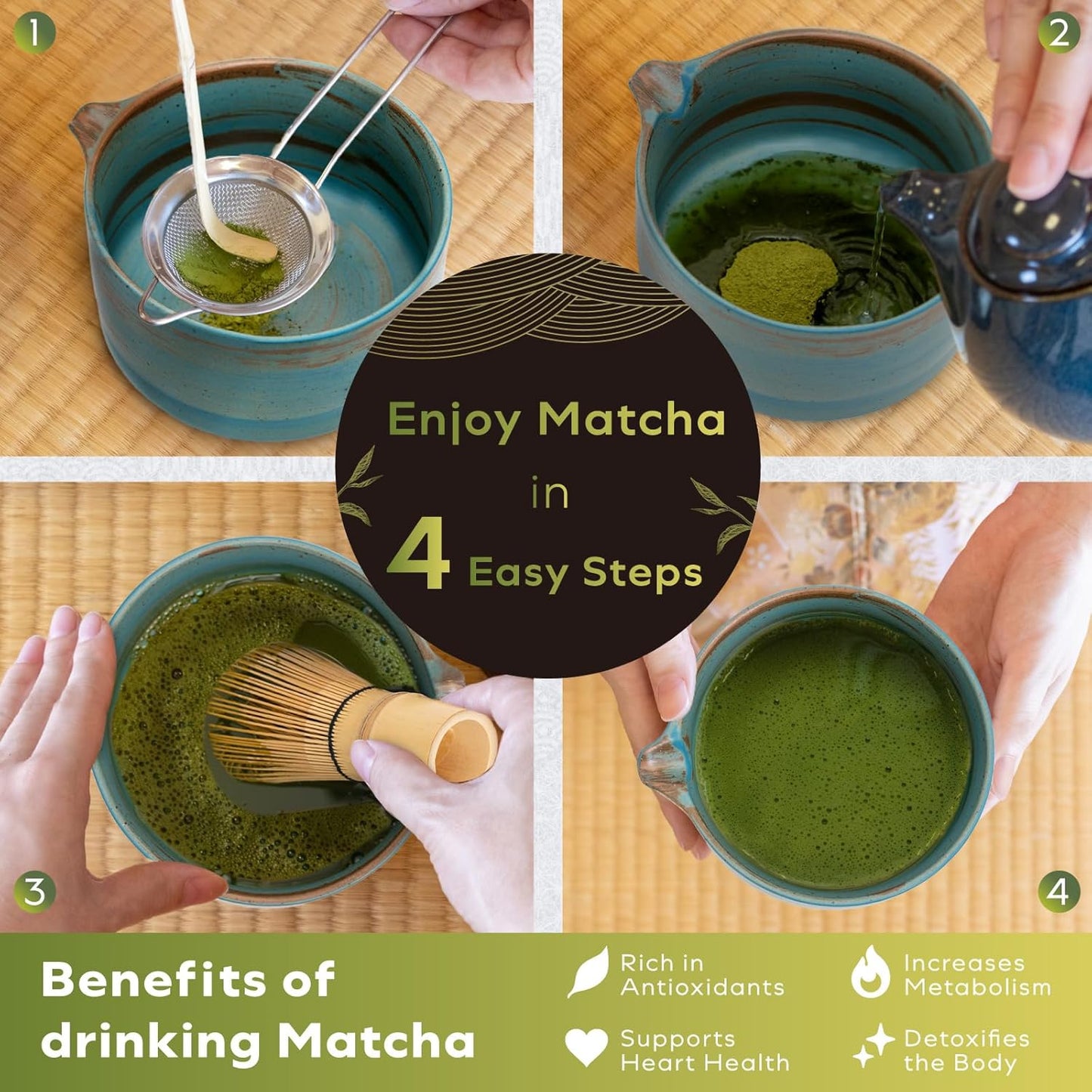 Japanese Matcha Set | Matcha Bowl with Spout | Whisk & Holder | Bamboo Scoop & Stainless Sifter | 5-Piece Traditional Matcha Kit | Designed in Japan |「Rustic Teal」