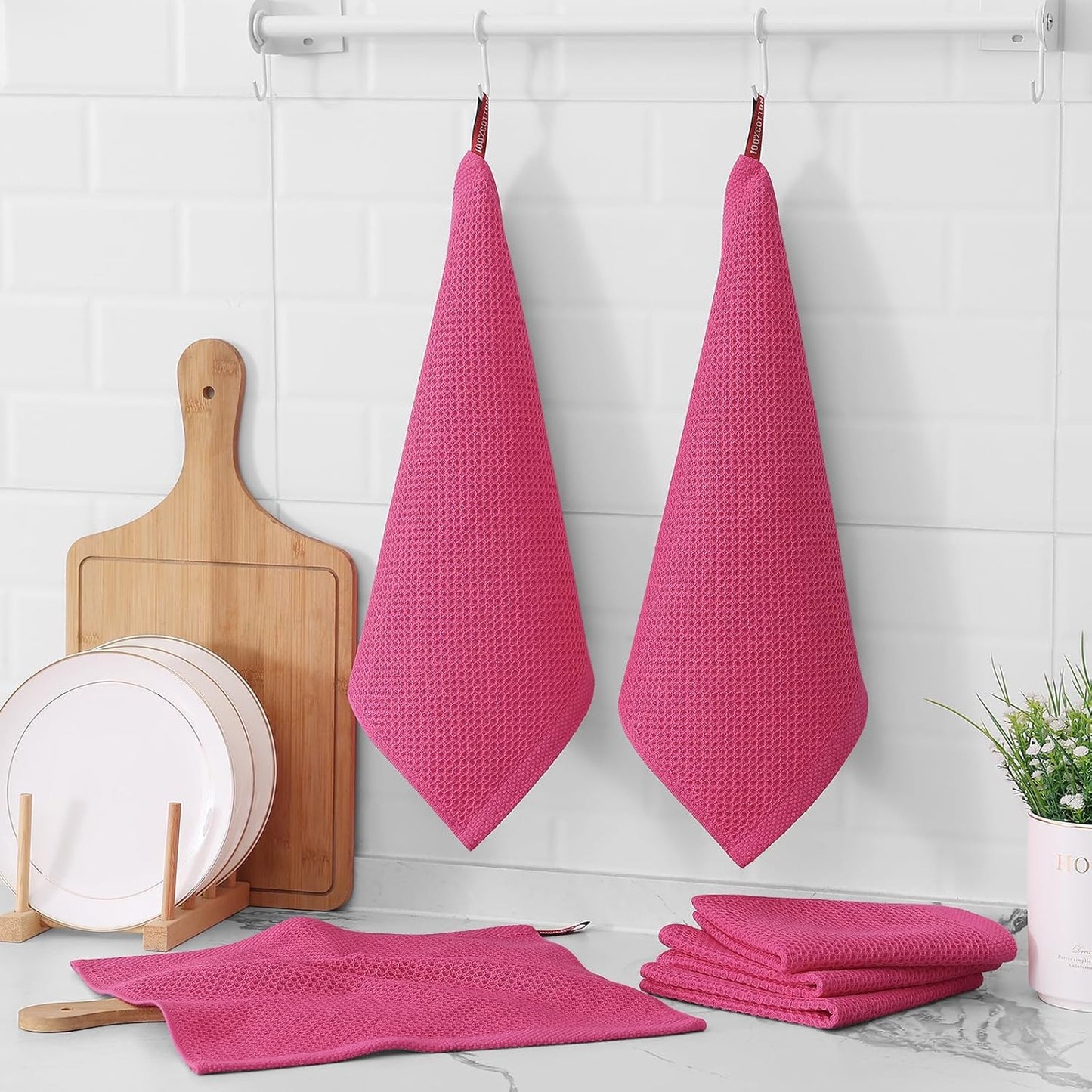 Kitinjoy 100% Cotton Kitchen Dish Cloths, 6 Pack Waffle Weave Ultra Soft Absorbent Dish Towels for Drying Dishes Quick Drying Kitchen Towels Dish Rags, 12 X 12 Inches, Hot Pink