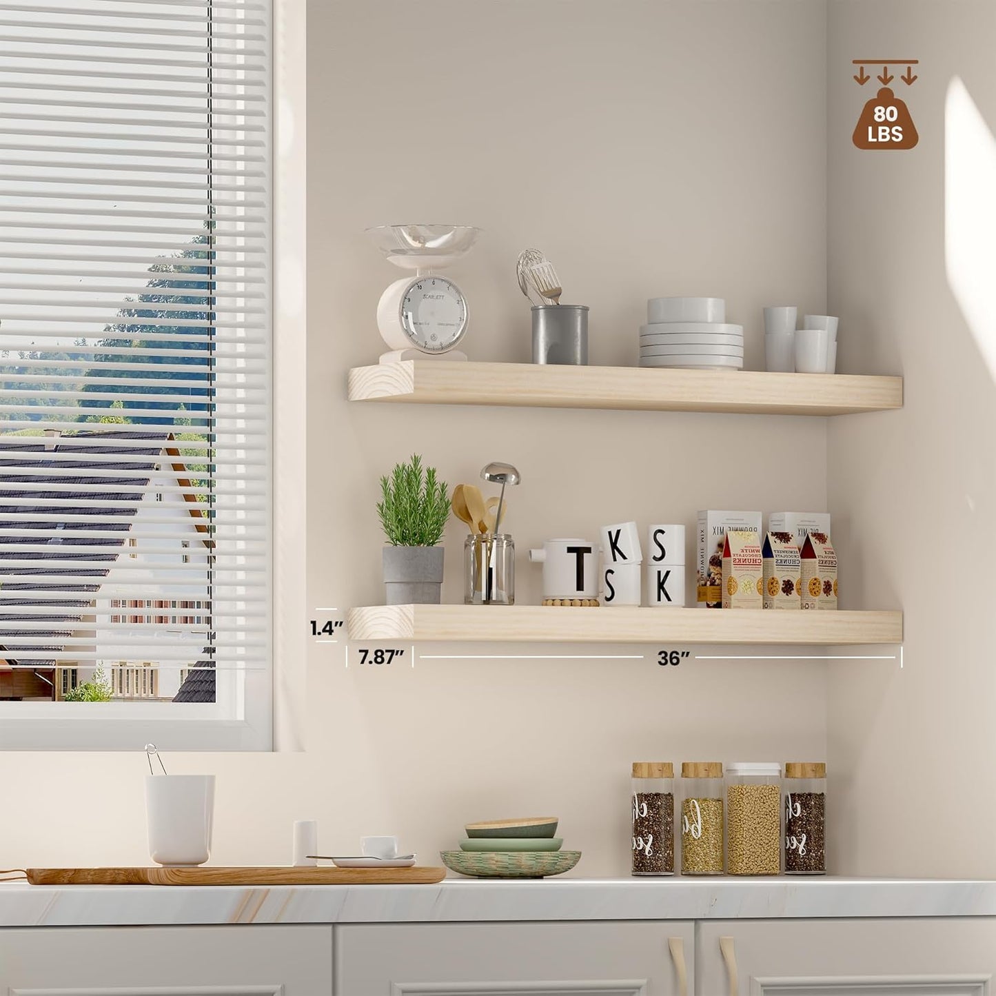 Vivelove Natural Wood Floating Shelves 36”,8 inch Deep Floating Shelf with Invisible Brackets, Unfinished Wall Shelves for Living Room, Bathroom, Kitchen, Bedroom, Home Decor, Set of 2 - Natural