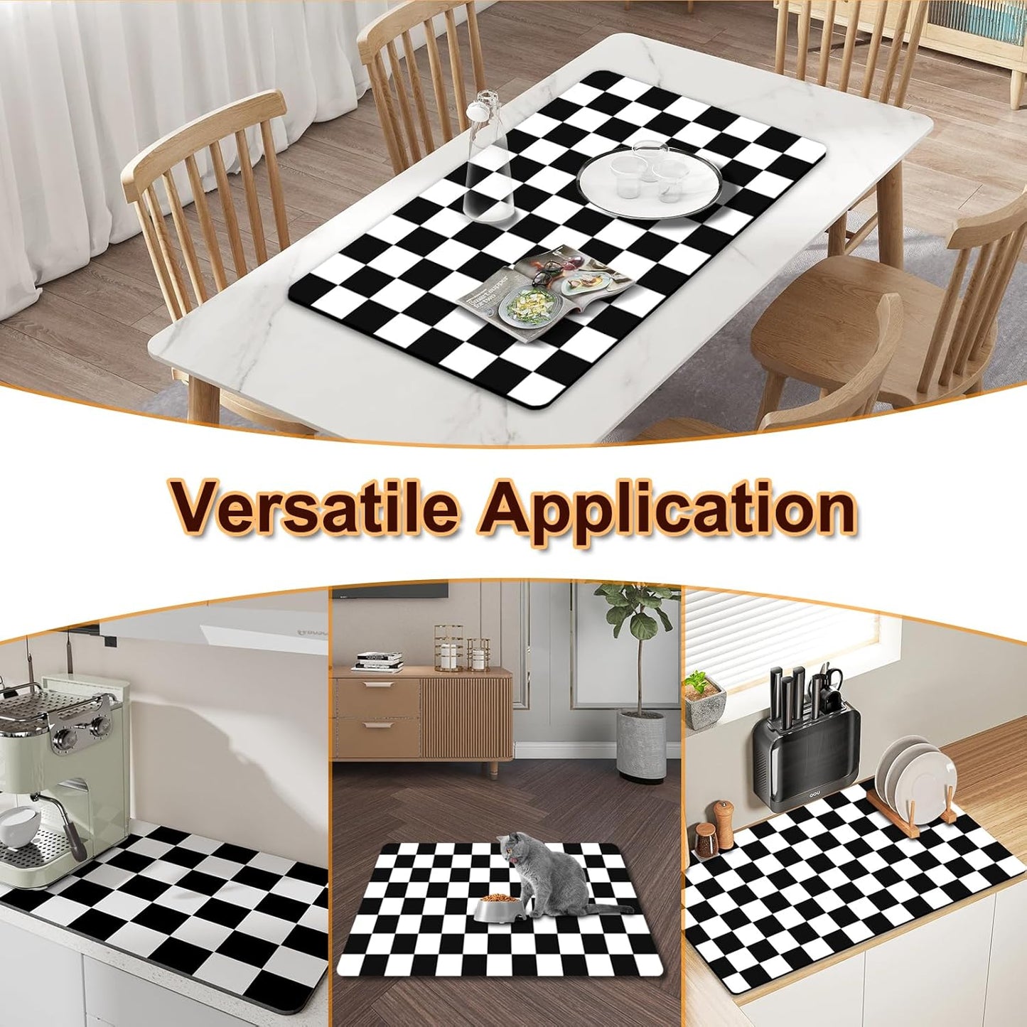 BLESWIN Dish Drying Mat for Kitchen, 15.7’’ X 17.7’’ Coffee Bar Mats for Countertop Fit Under Coffee Maker, Hide Stain Rubber Backed Espresso Machine Absorbent Drying Pad, Black & White