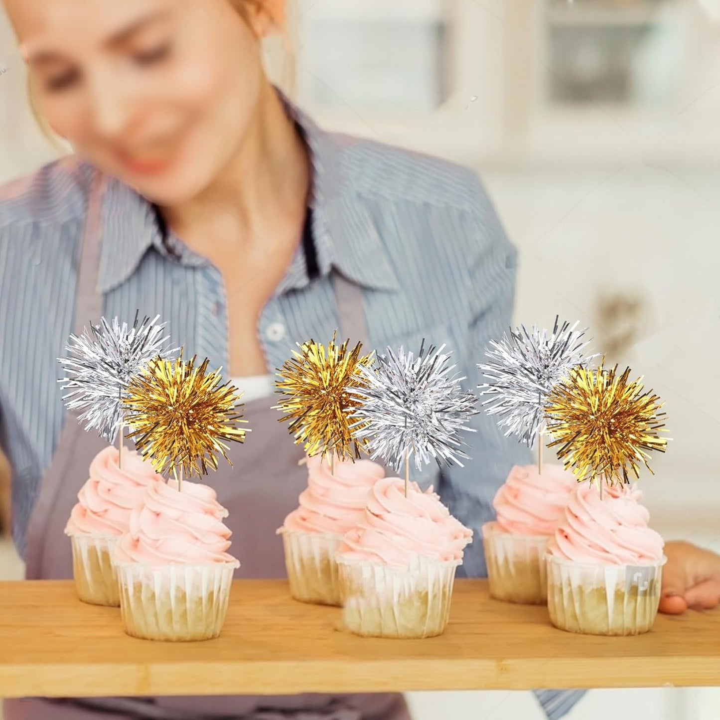 40 PCS Foil Firework Cupcake Toppers Sparkle Tinsel Cupcakae Picks Foil Firework Party Decorations Cocktail Fruit Toothpick for Fireworks Theme Birthday Wedding Graduation Party Decoration Gold Silver