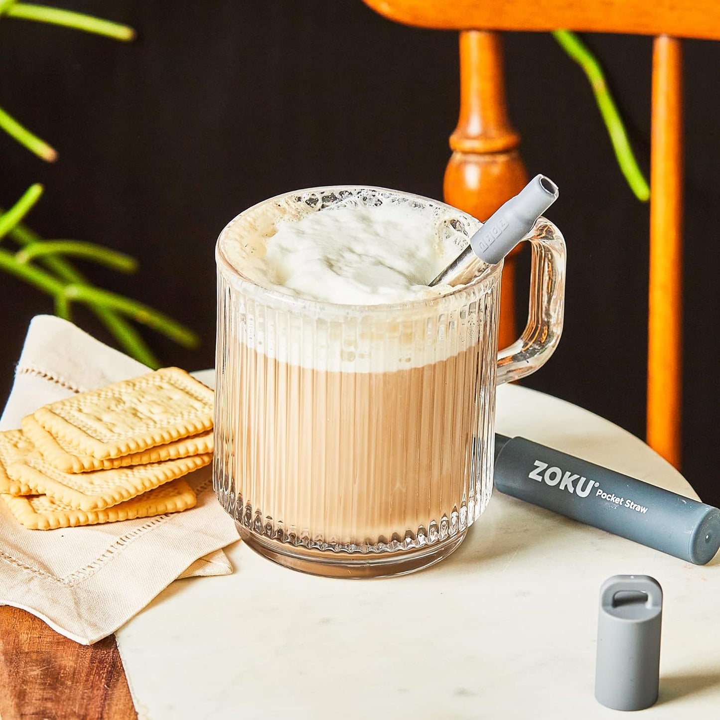 ZOKU Reusable Metal Straw with Case for Travel, Grey - Collapsible Stainless Steel Drinking Straw with Silicone Tip and Cleaner Brush, Ideal for Key Chains, Pockets, Purses