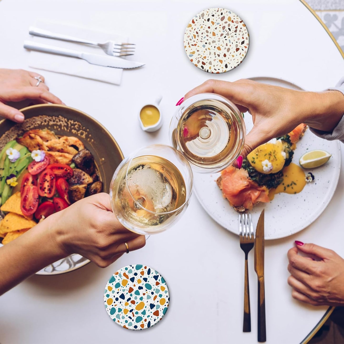 6 Pcs Coasters for Drinks with Holder, Terrazzo Marble Absorbent Ceramic Coasters with Cork Base,Cute Funny Table Drinks Coasters Tabletop Protection Mat,Table Home Decor,4 Inches