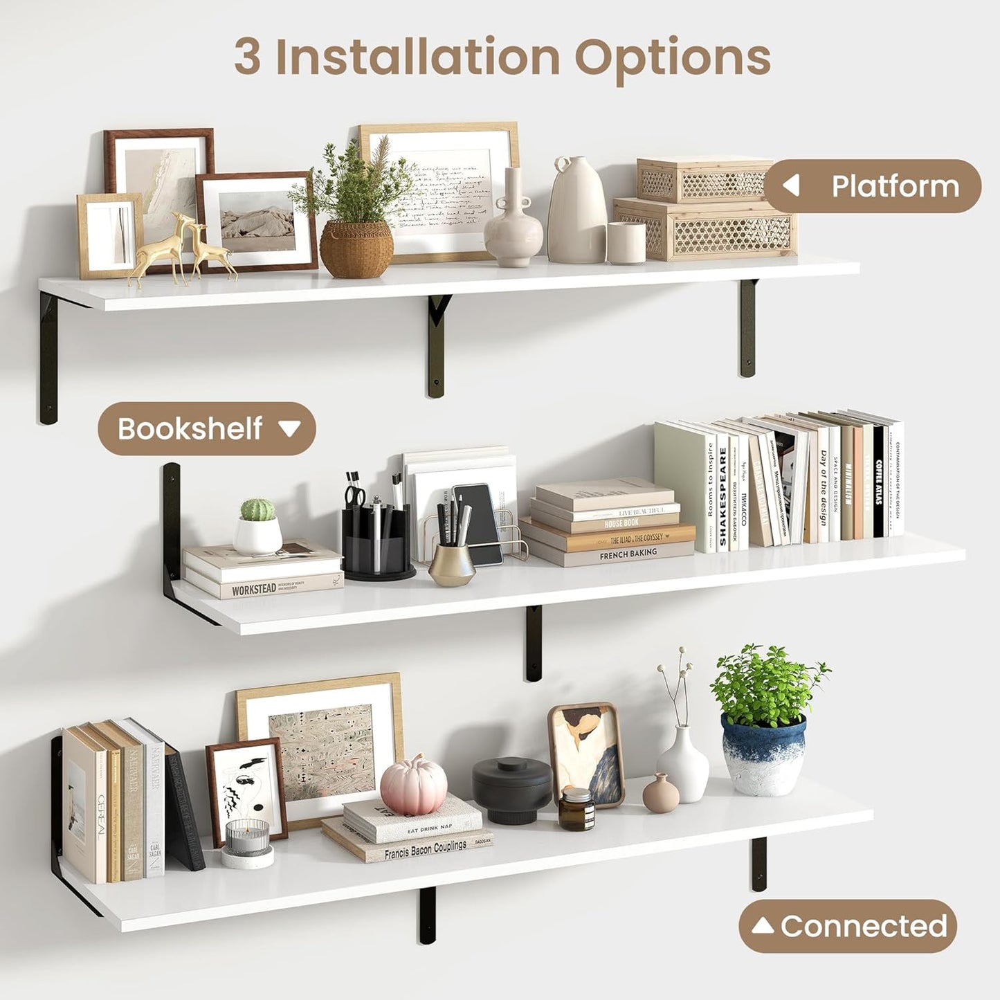 Fun Memories Floating Shelves for Wall, 12 Inch Deep Floating Shelves Set of 2, Wall Mounted Shelf with Metal Brackets, Rustic Wood Wide Shelf for Bathroom, Kitchen and Living Room, White, 55W x 12D