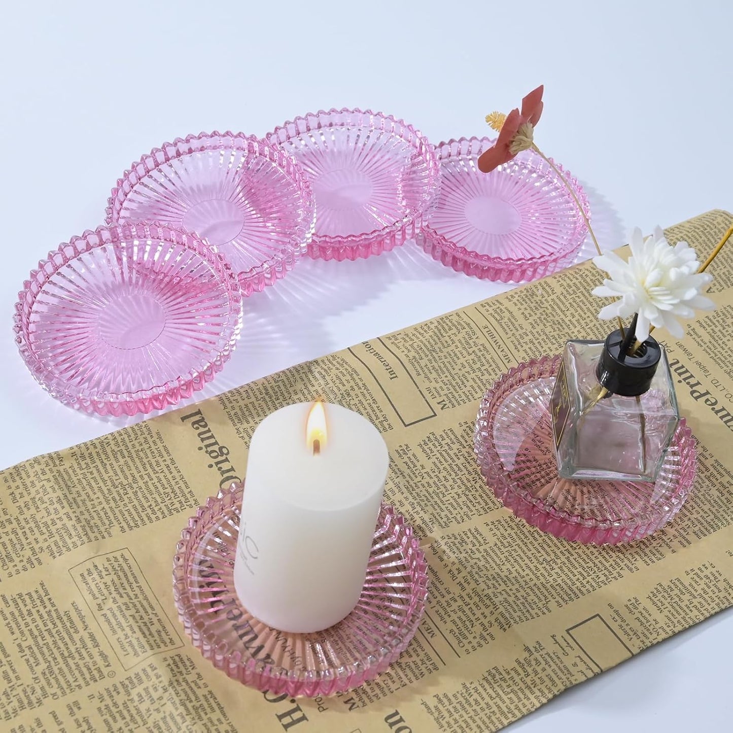 Glass Coaster 6 Pack Round Cup Coasters for Drinks,Crystal Coffee Coaster,Stylish Drink Coasters for Kitchen Bar Dining Room Living Room Office Decor and Jewelry Storage,Pink