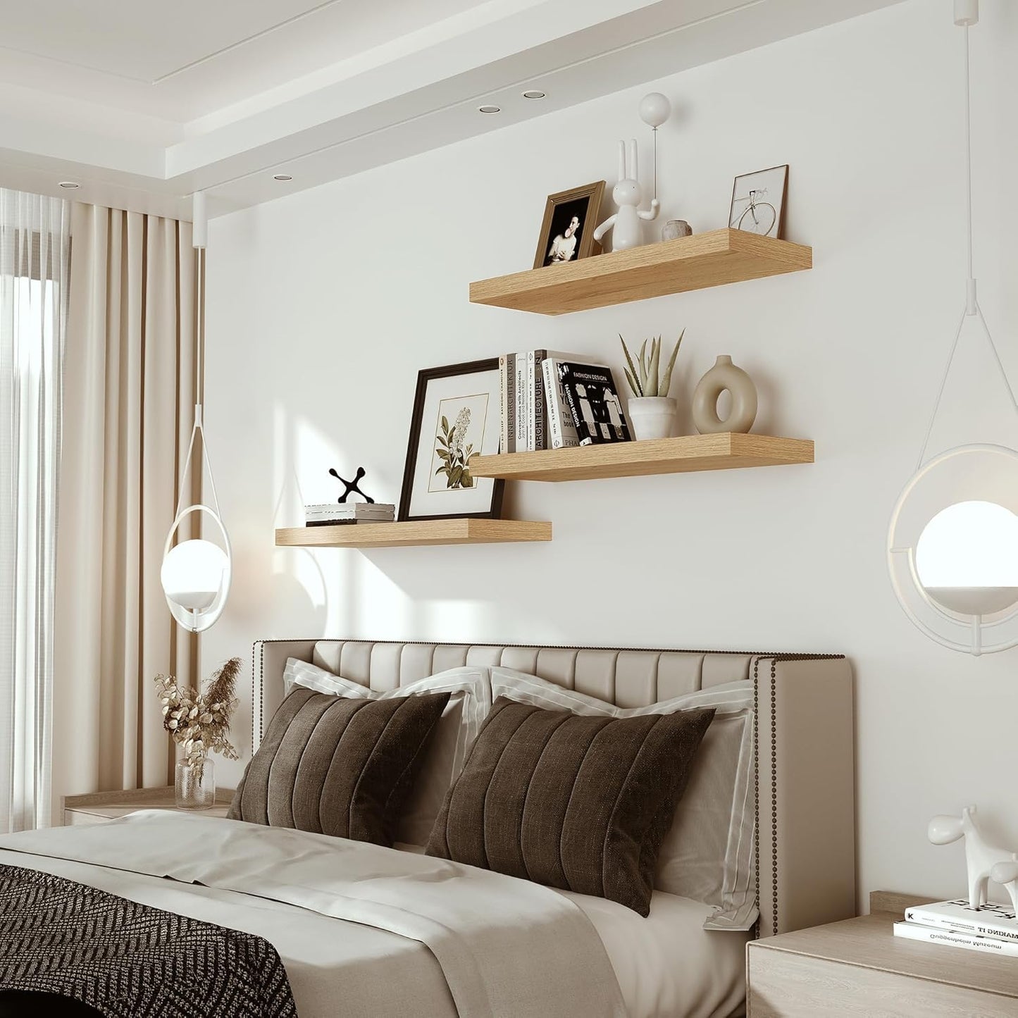 Vivelove Bathroom Floating Shelves for Wall 24 inchs Long, 9.2” deep x 1.6” Wall Shelf for Bedroom, Living Room, Kitchen, Office Home Decor, Deep Wood Shelves with Invisible Brackets, Set of 2, Oak