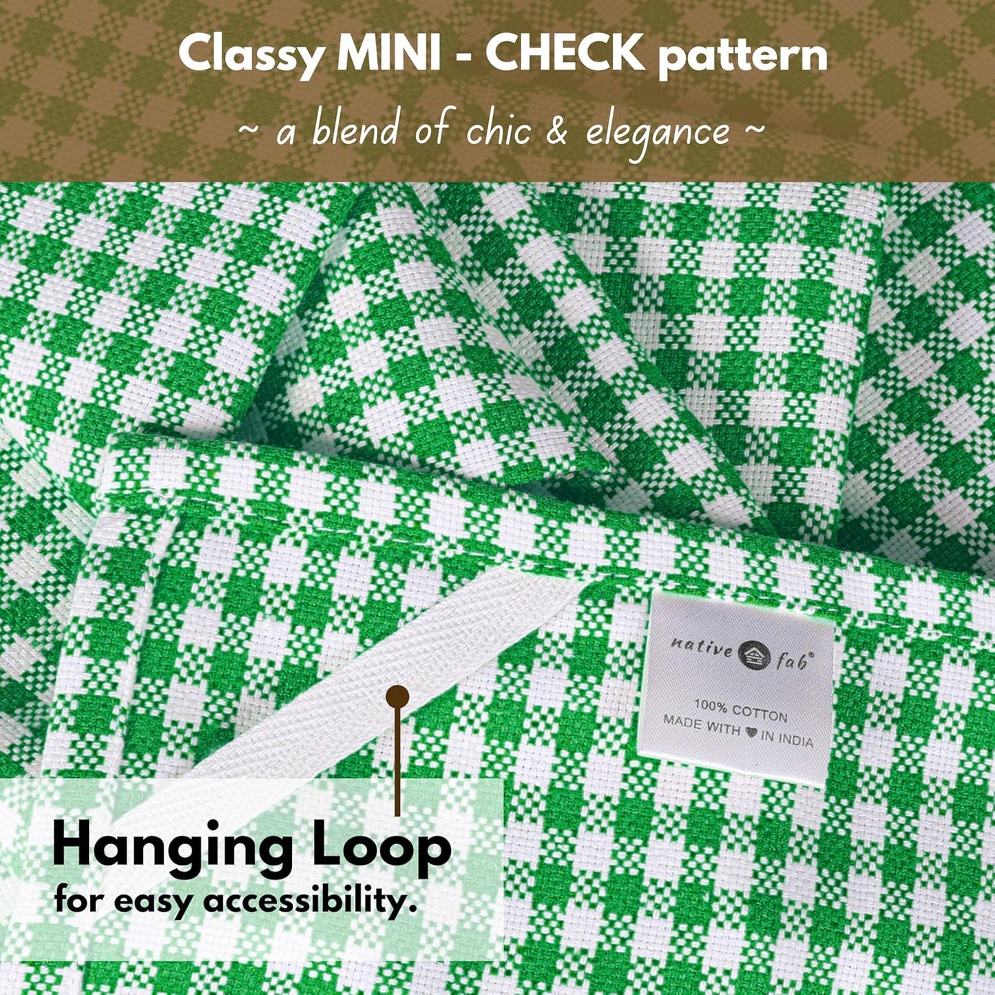 Native Fab Set of 12 Gingham Mini Check Kitchen Towels 16"x26" - Cotton Dish Towels - Soft Absorbent Hand Towels with Hanging Loop, Washcloths for Quick Drying, Cleaning - Green White