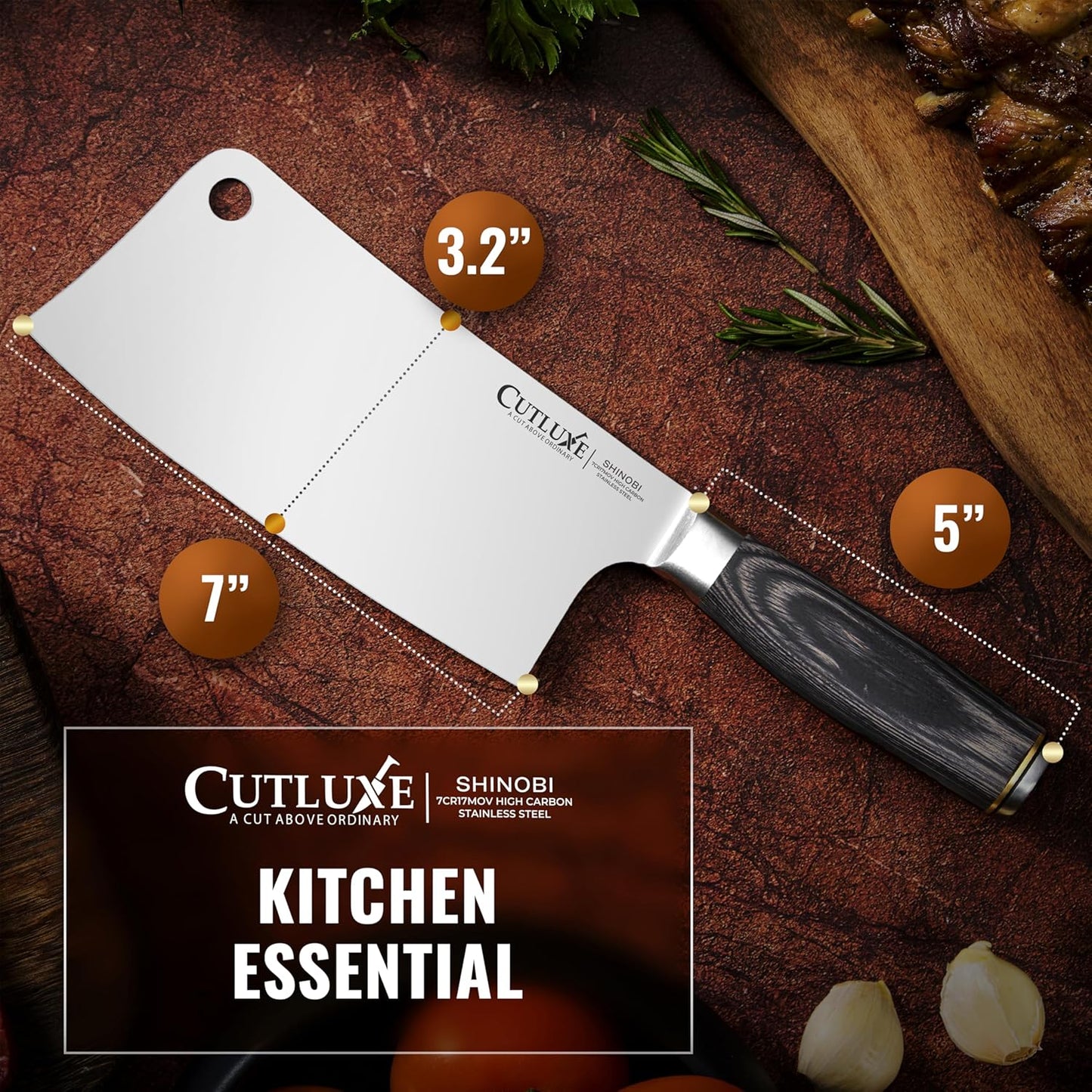 Cutluxe Meat Cleaver Knife – Ultra Sharp 7" Meat Cleaver, Butcher Knife, High Carbon Stainless Steel Blade, Full Tang Pakkawood Handle – Shinobi Series