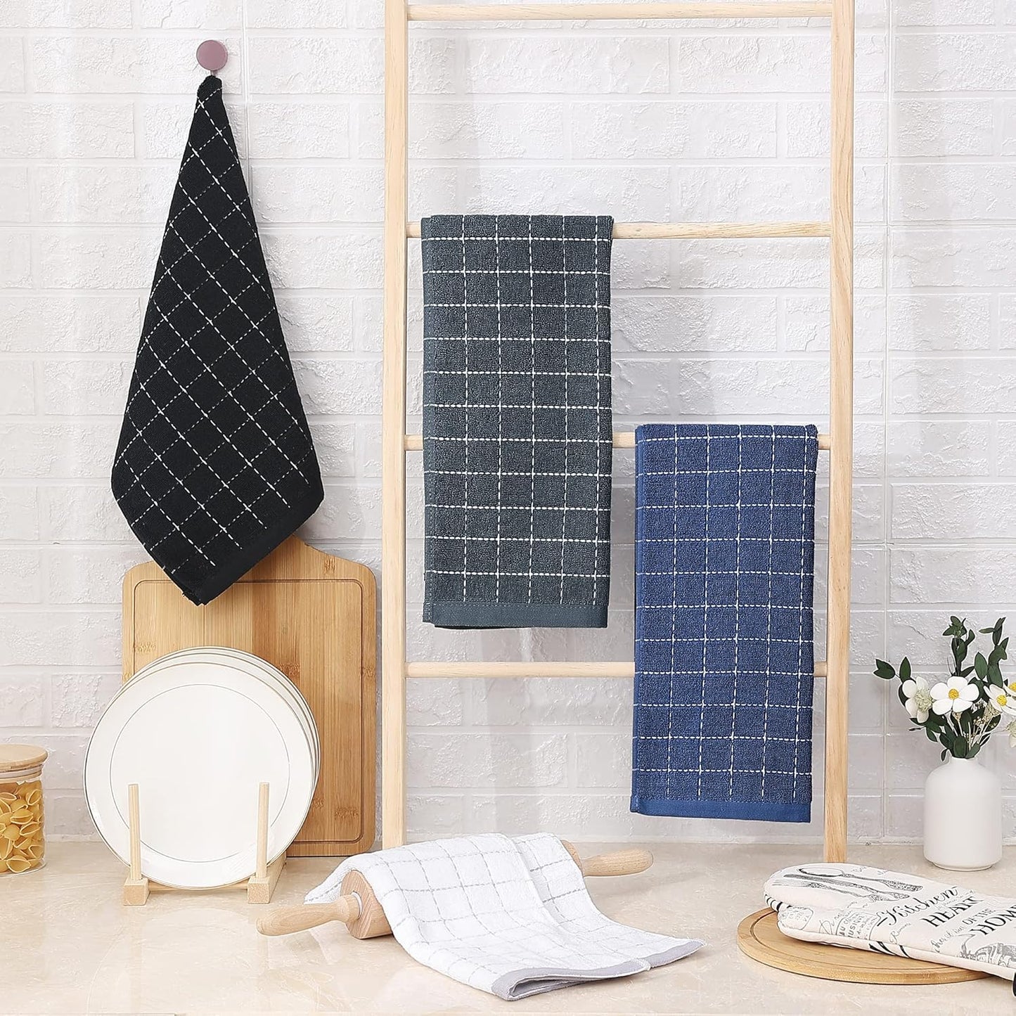 Homaxy 100% Cotton Terry Kitchen Towels(Multiple Color, 13 x 28 inches), Checkered Designed, Soft and Super Absorbent Dish Towels, 4 Pack