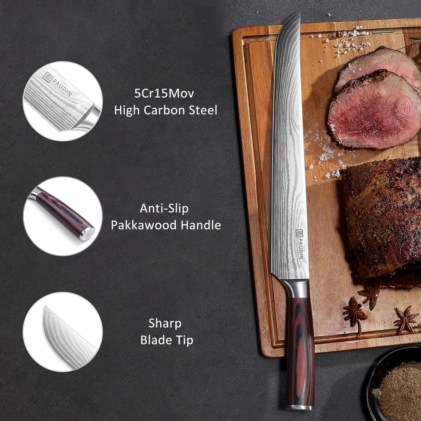 PAUDIN Carving Knife, 12 Inch Brisket Knife, Razor Sharp Edge Slicing Knife for Brisket Meat, Forged German High Carbon Stainless Steel, Ergonomic Handle Design