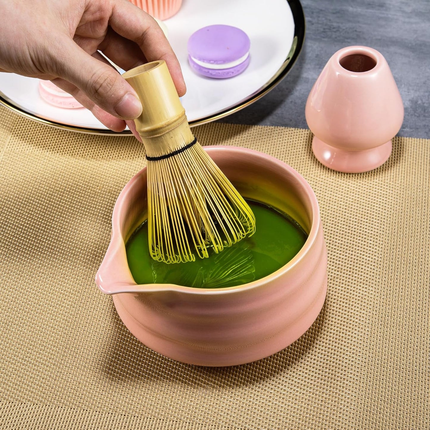 Marce Matcha Whisk Set- Matcha Set includes Matcha Whisk and Bowl with Spout, Sifter, Holder and Scoop- The Perfect Bamboo Whisk for Matcha Tea (Pink)