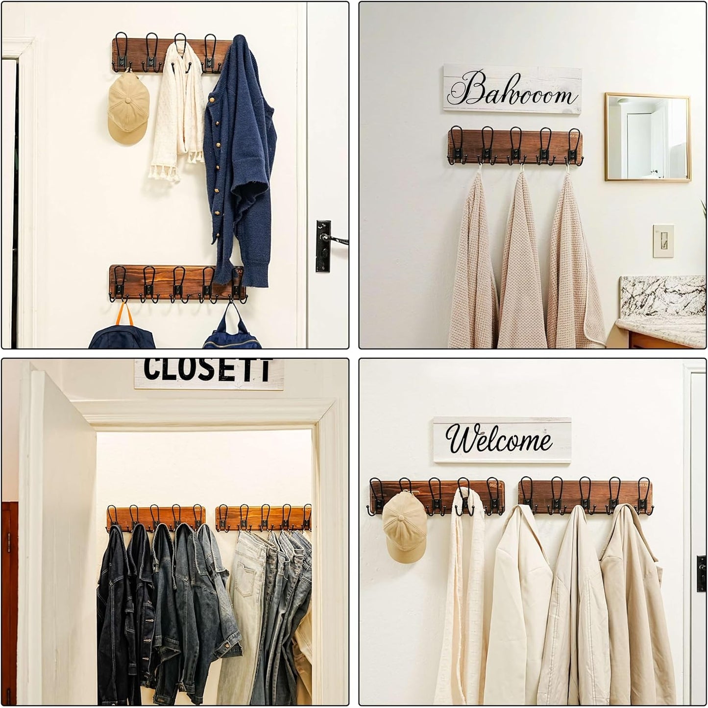 Dseap Coat Rack Wall Mounted - Heavy Duty Farmhouse Rustic Wall Coat Hanger with 5 Wire Hooks for Clothes Hat Jacket Towel, RusticWire, J1-5A, Whitewash & Black