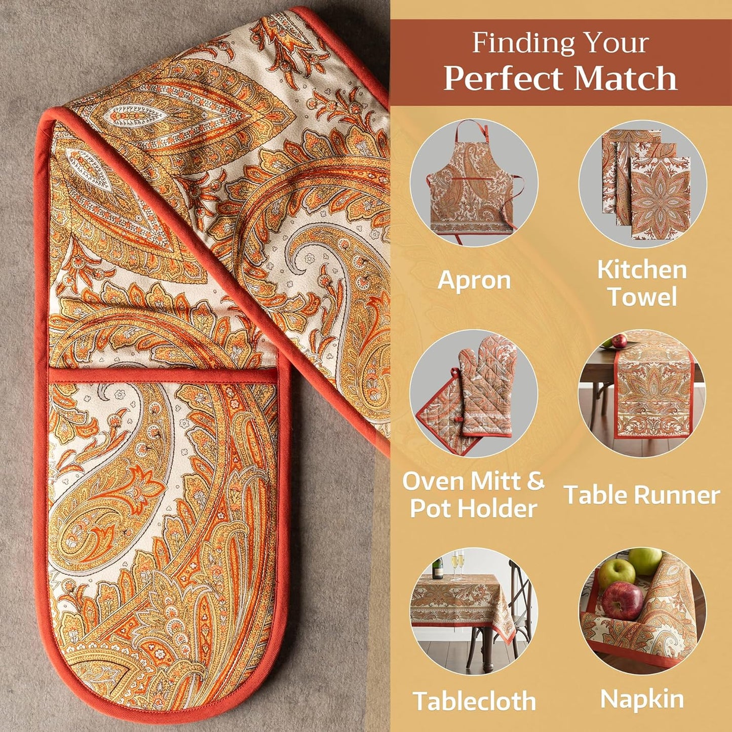 Maison d' Hermine Double Oven Mitts 100% Cotton 7"x35" Double Oven Mitt Heat Resistant BBQ Cooking Gloves with Loop, Baking, Grilling, Home, Kitchen, Handling Hot Pans (Kashmir Paisley)